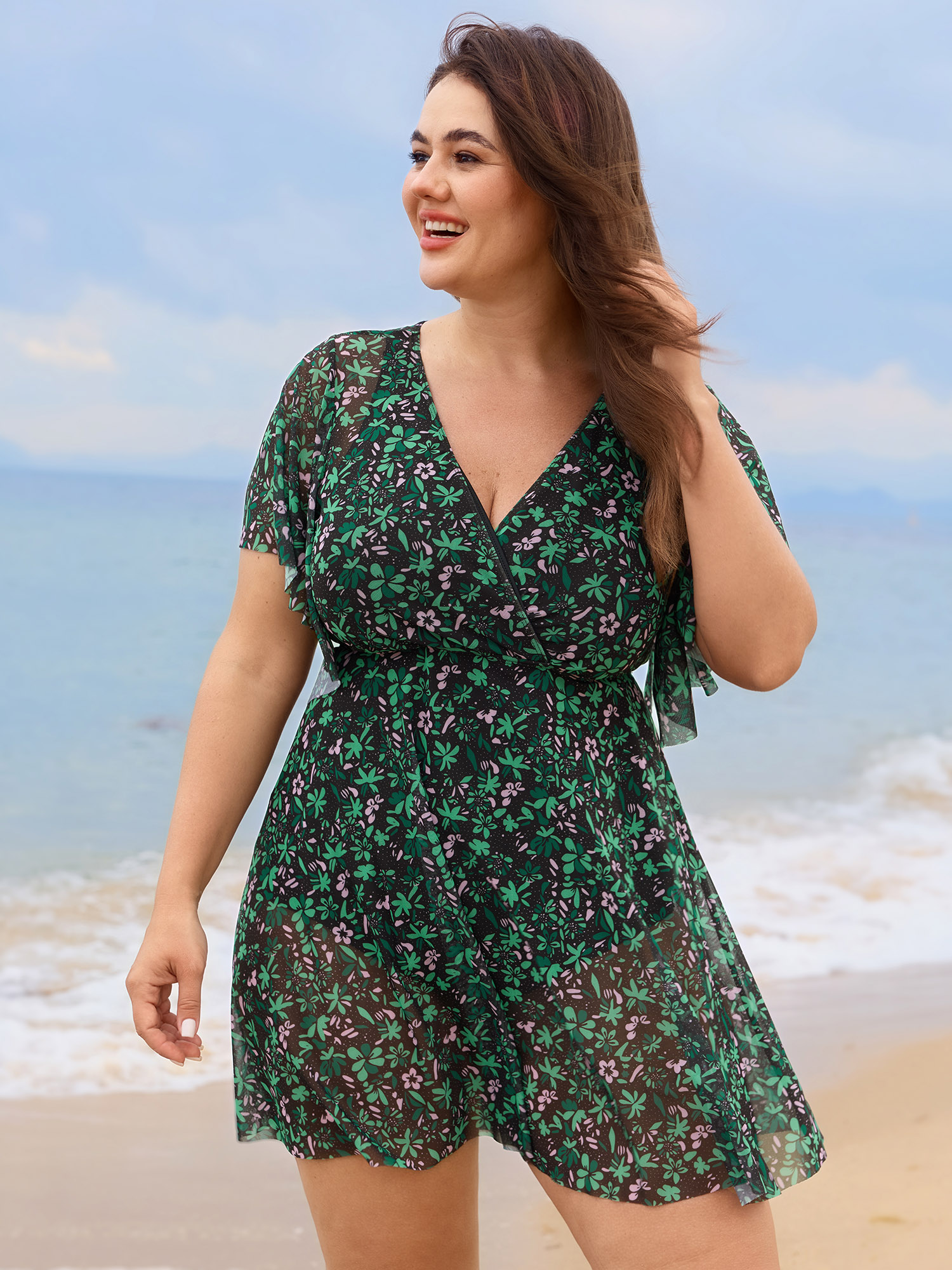 BloomChic Women's Plus Size Colorful Sheer Floral Print Swim Dress Emerald Ditsy Floral Mesh Panel Adaptive-Fit 30/6X