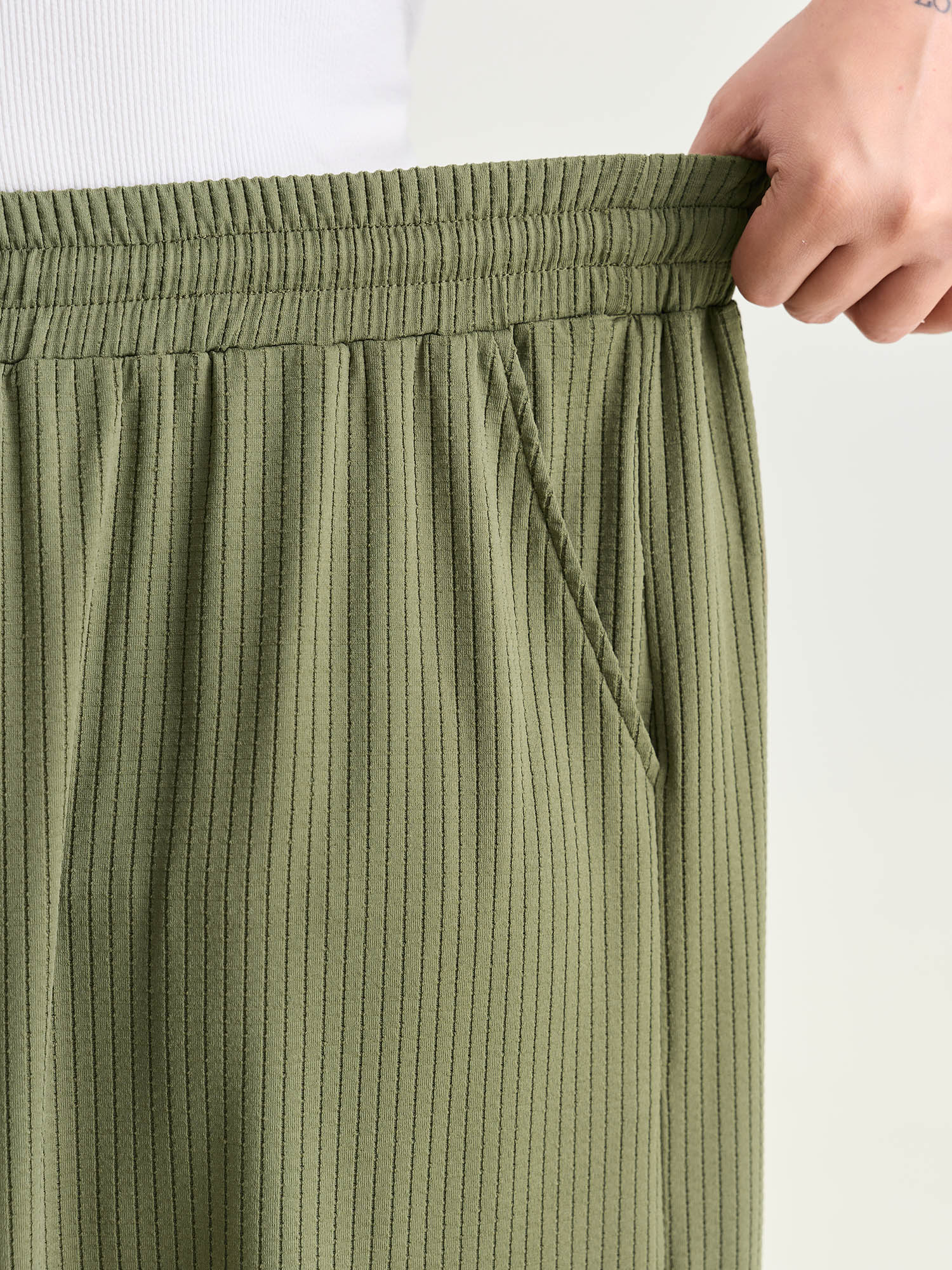 Side view of BloomChic Women's Plus Size Supersoft Stretchy Textured Elastic Waist Lounge Bottoms Sage Capri 30/6X