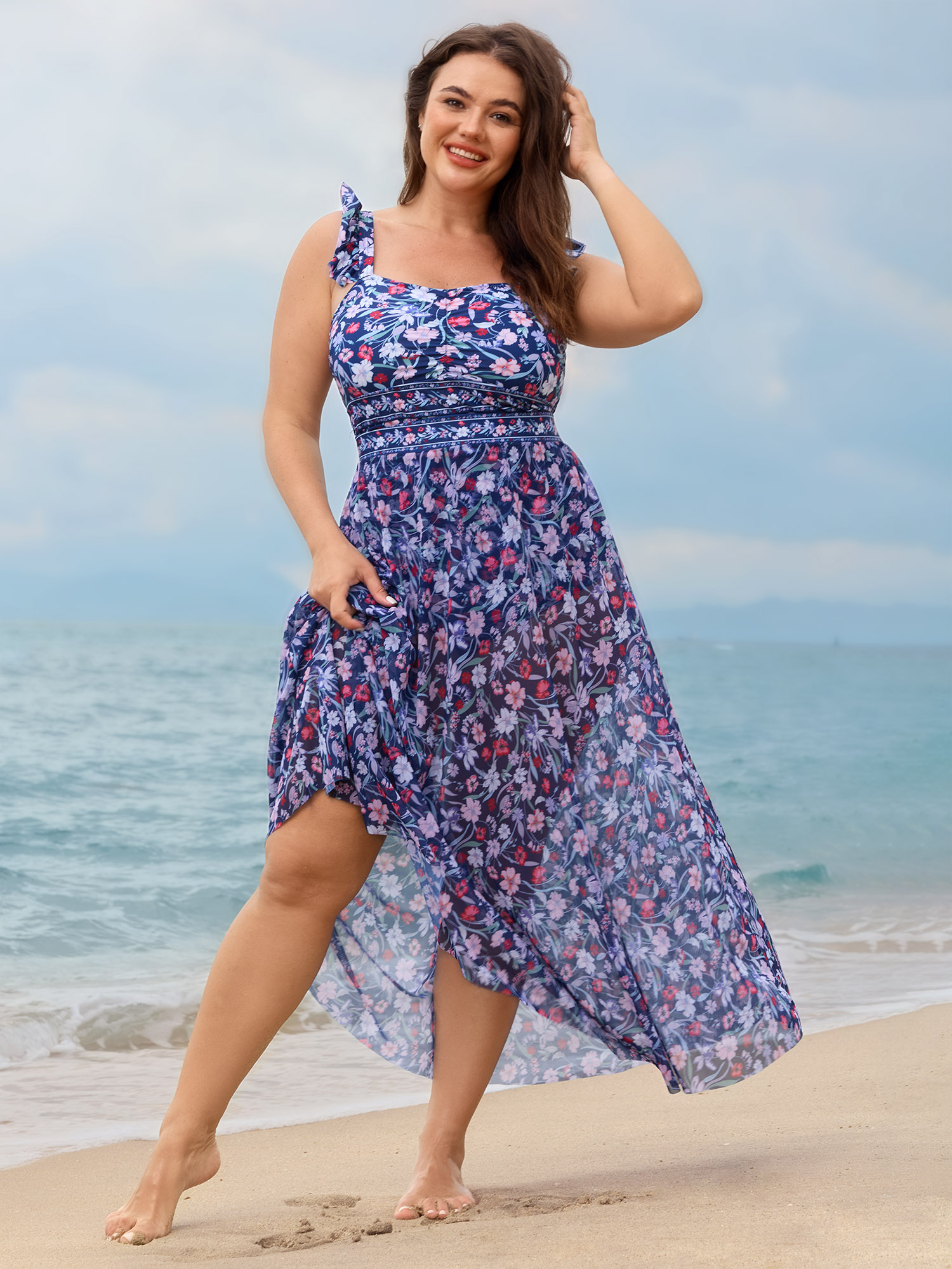 BloomChic Women's Plus Size Floral Sarong Two-Piece Set Swimsuit Indigo Ditsy Floral Cut-Out Tummy Control 10/M