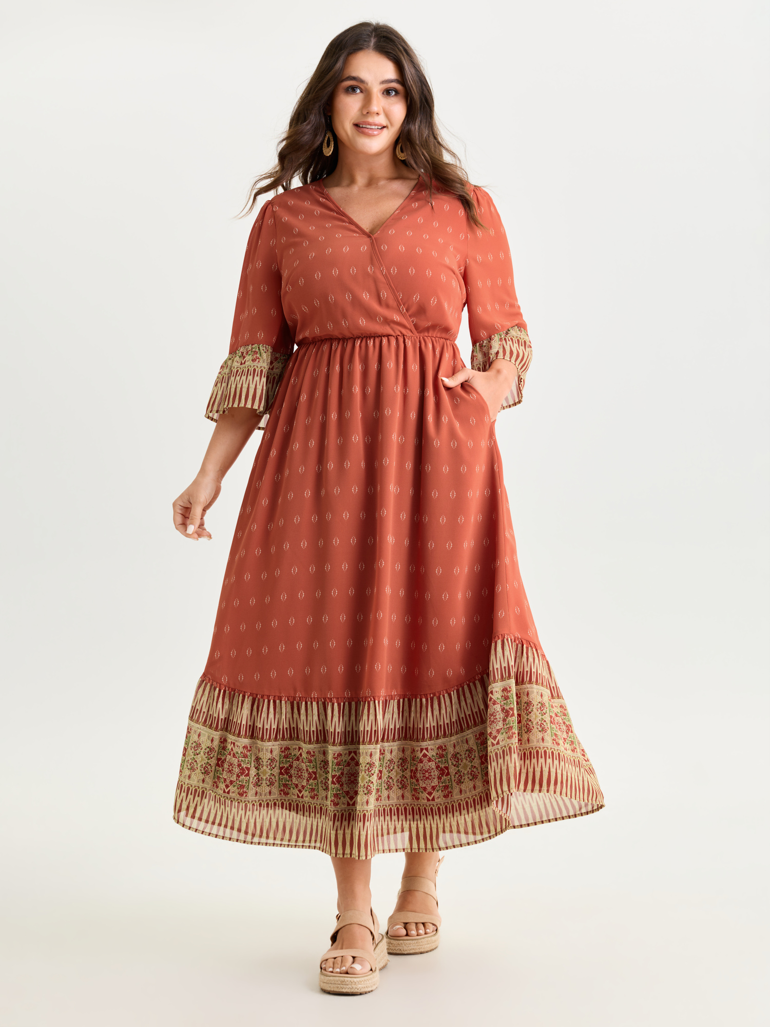 BloomChic Women's Plus Size Boho Geometric Print Wrap Maxi Dress Coral Maxi Vacation 30/6X