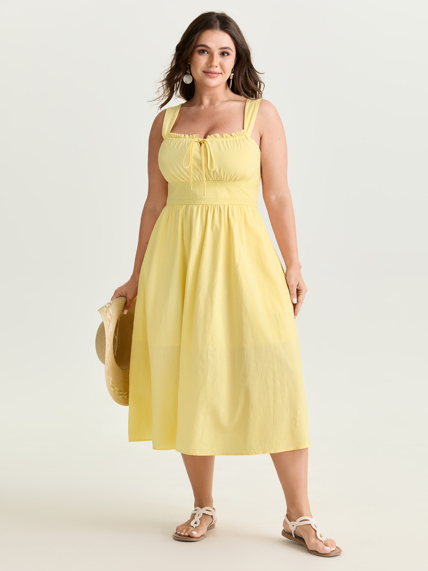 BloomChic Women's Plus Size Breathable Cotton Solid Shirred Drawstring Midi Dress Lightyellow Solid Midi Vacation Patchwork 10/M