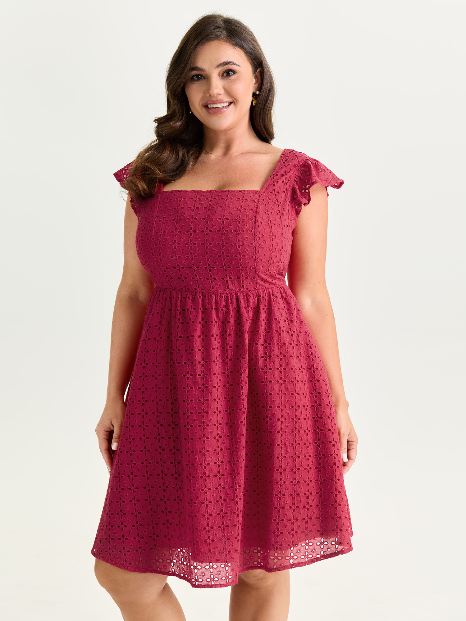 BloomChic Women's Plus Size Cotton Textured Flutter Sleeve Mini Dress Brightred Else Midi Everyday-Elegant Smocked 18-20/2X