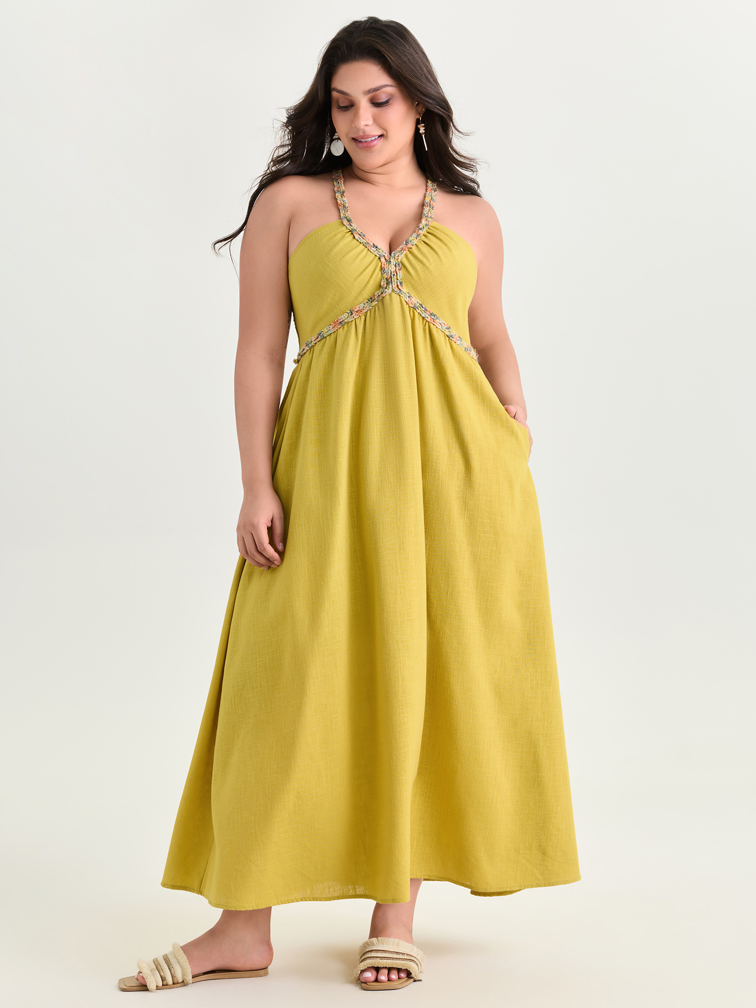 BloomChic Women's Plus Size Cotton Linen Breathable Color Contrast Edges Maxi Dress Mustardyellow Solid Maxi Vacation Colorblock 12/L