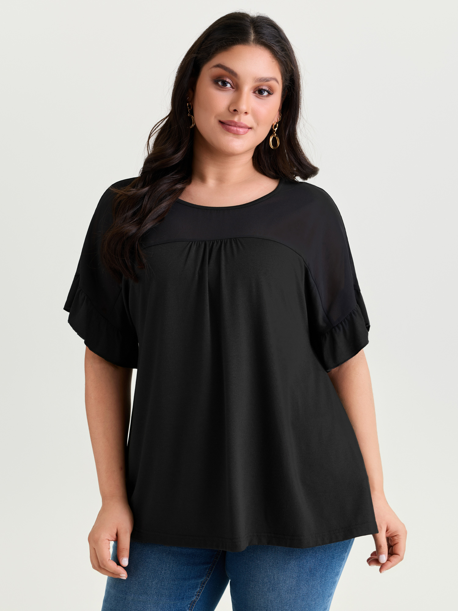 BloomChic Women's Plus Size Sheer Floral Print Contrast Knit Top Pureblack Short sleeve Everyday-Elegant 10/M