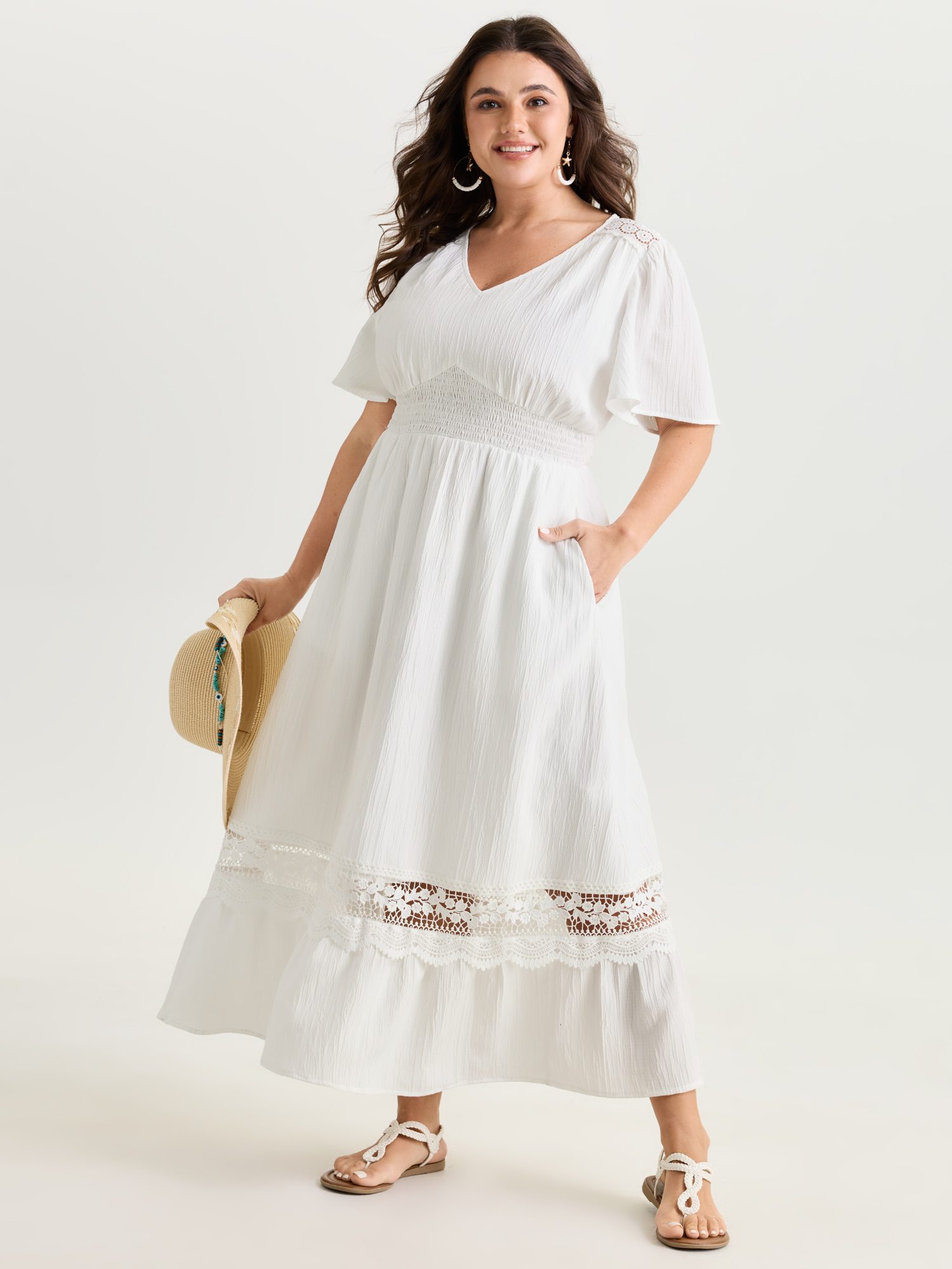 BloomChic Women's Plus Size Lace Cut-Out Shirred Solid Maxi Dress Opticwhite Solid Longline Vacation Ruffles 12/L