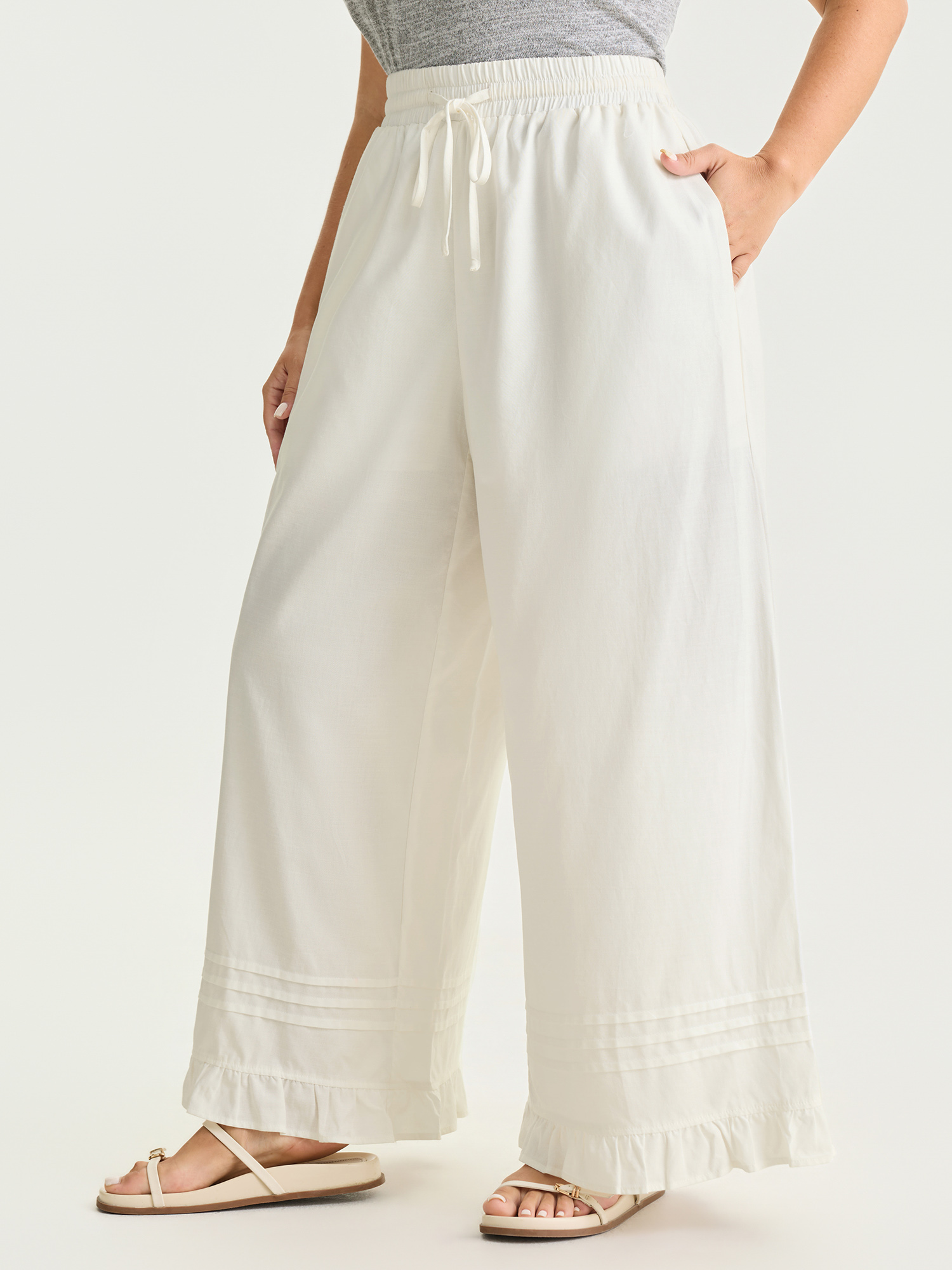 BloomChic Women's Plus Size Cotton Drawstring Waist Semi-Sheer Straight Pants Beige Solid Straight fit Mid Rise 12/L
