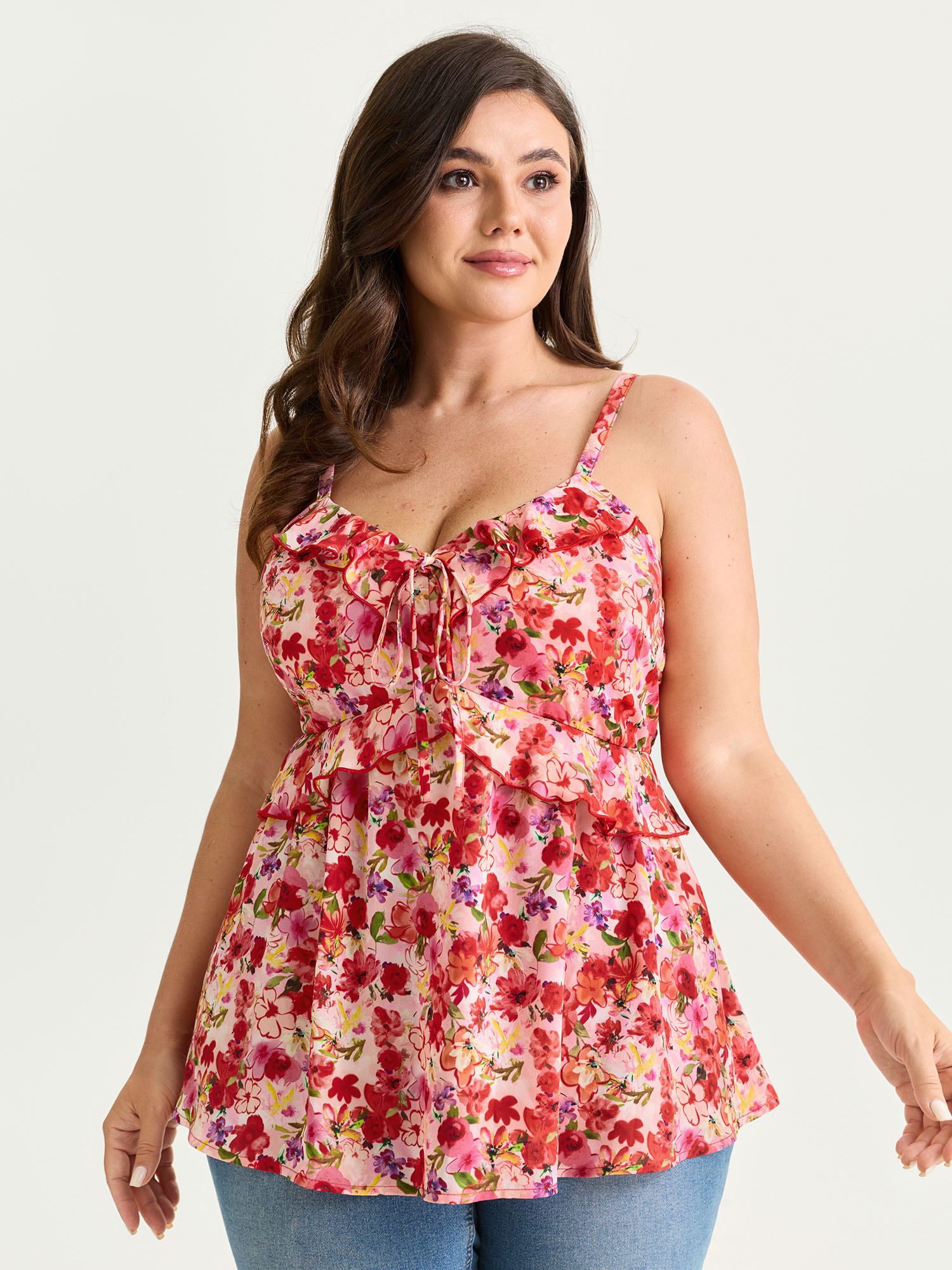 BloomChic Women's Plus Size Floral Print Ruffled Edges Tank Top Brightred Everyday-Elegant Fitted Fit & Flare V-Neck 22-24/3X