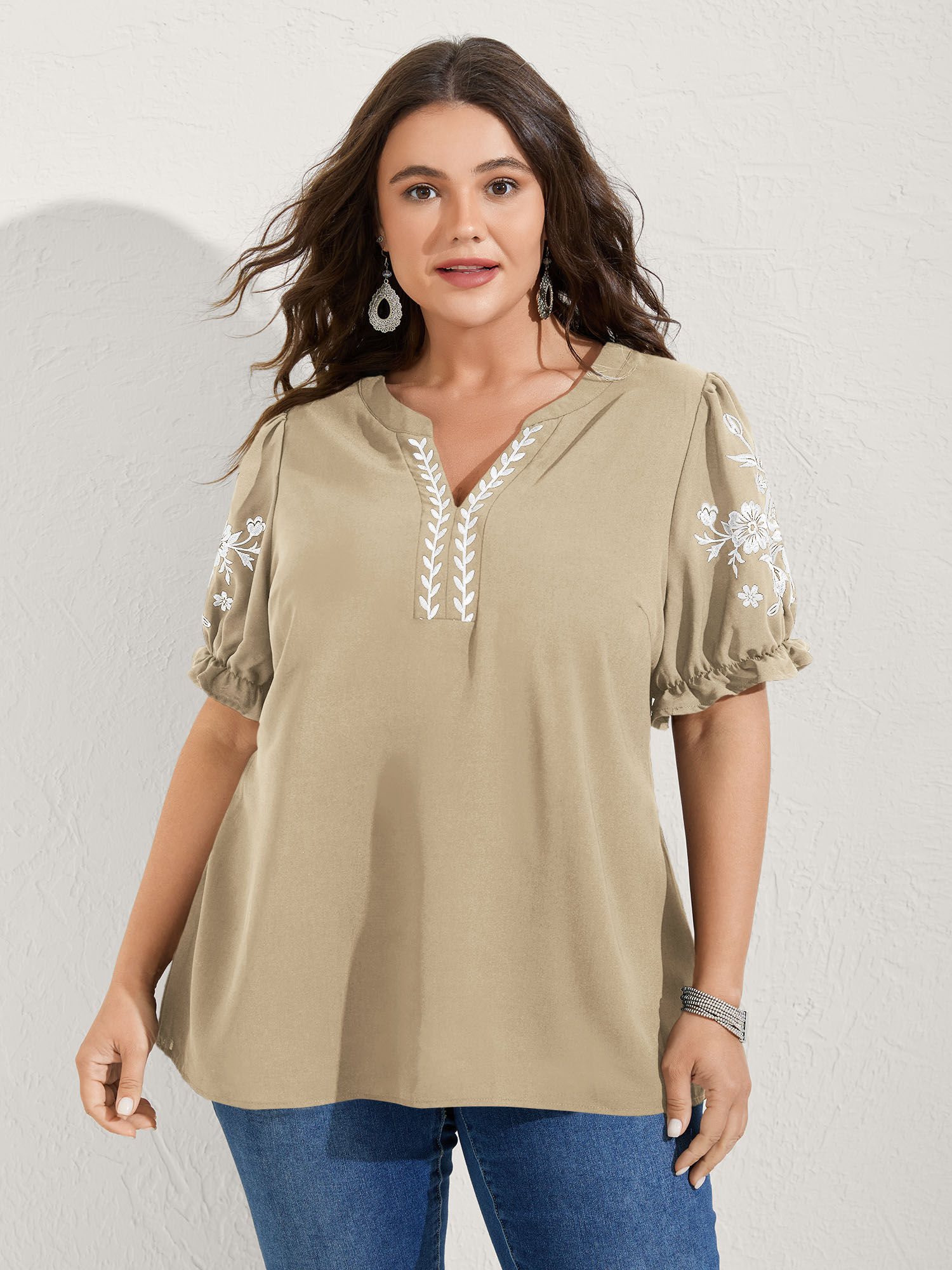 BloomChic Women's Plus Size Notched Collar Embroidered Ruffled Blouse LightBrown Solid Vacation Short sleeve V-Notch Neck 10/M