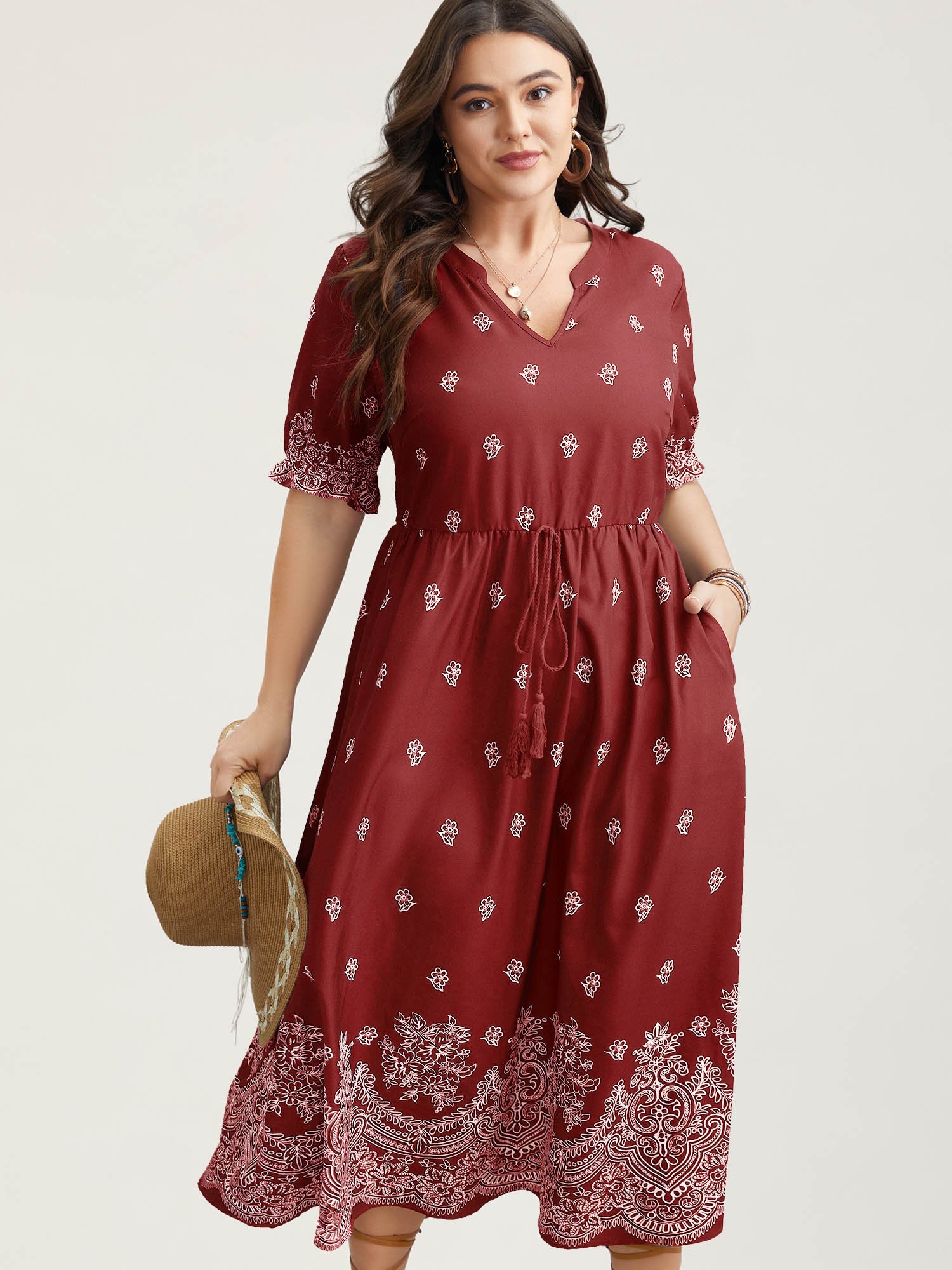 BloomChic Women's Plus Size Floral Waist-Tie Notched Collar Midi Dress Burgundy Ethnic Floral Midi Vacation Ruffles 22-24/3X