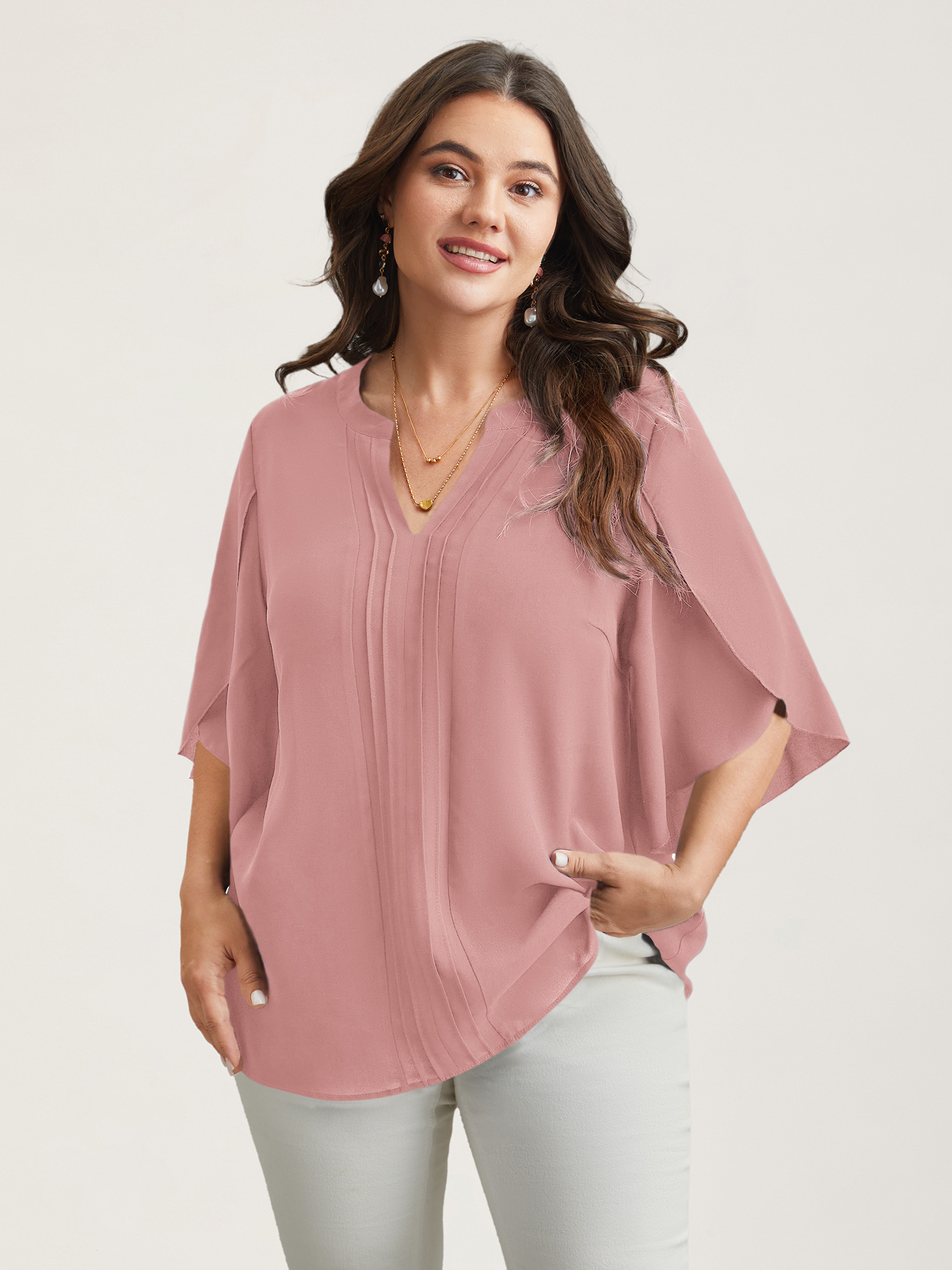 BloomChic Women's Plus Size Petal Sleeve Toothpick Pleats Shirt Beanpastepowder Solid Office 3/4 Sleeve V-Notch Neck 10/M