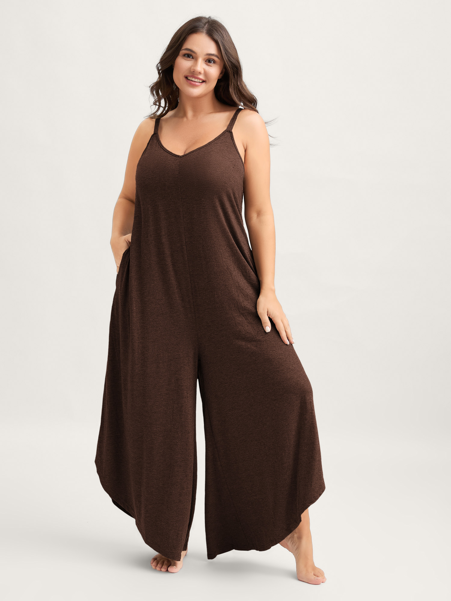 BloomChic Women's Plus Size Supersoft Wide-Leg Cami Lounge Jumpsuit Browncoffeecolor not graphics Longline 10/M-image-48264480391338