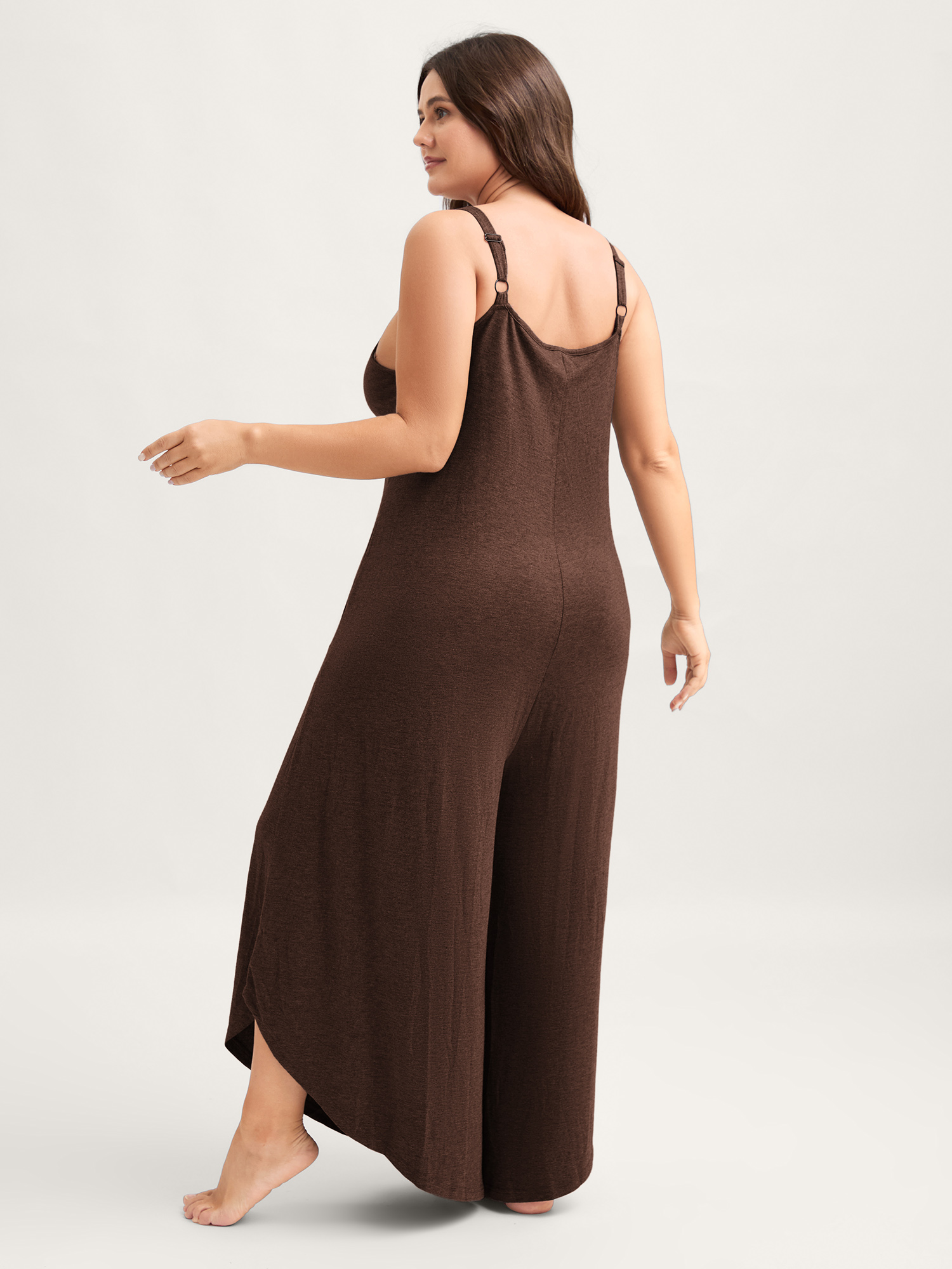 Side view of BloomChic Women's Plus Size Supersoft Wide-Leg Cami Lounge Jumpsuit Browncoffeecolor not graphics Longline 12/L