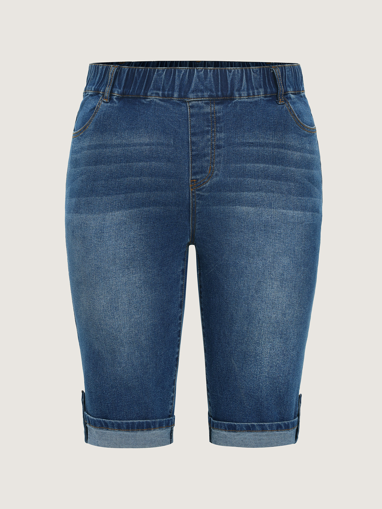 Side view of BloomChic Women's Plus Size Pull-On Stretchy Denim Shorts Mediumblue Non High Rise Casual 30/6X