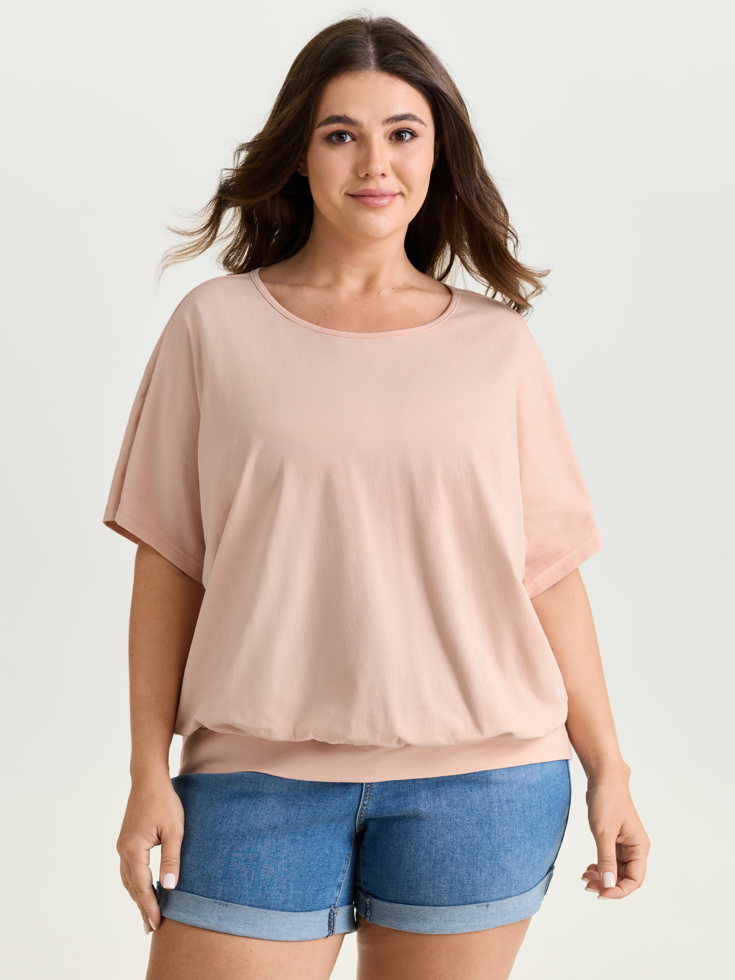 BloomChic Women's Plus Size Batwing Sleeve Bubble Hem T-Shirt Dirtypink Solid Everyday-Casual Short sleeve Round Neck 10/M