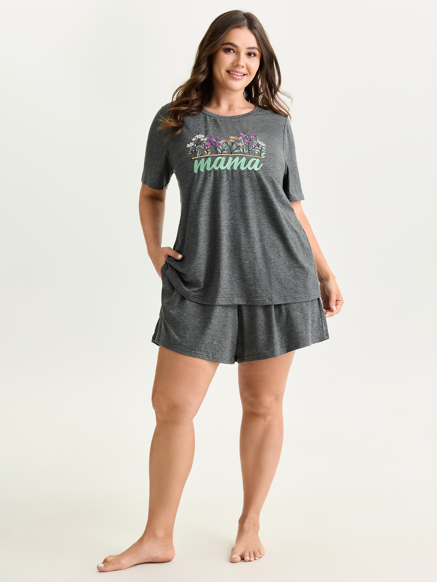 BloomChic Women's Plus Size Supersoft Floral Mama Embroidered Lounge Set DimGray Solid Short sleeve Embroidered 14-16/1X-image-48263737802922
