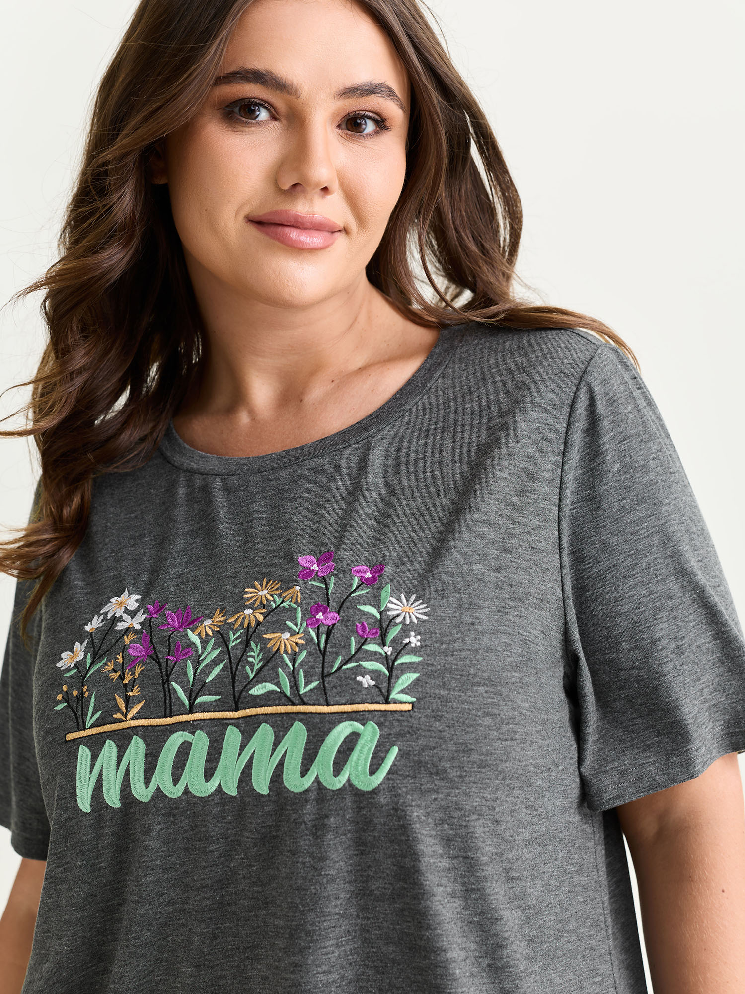 Side view of BloomChic Women's Plus Size Supersoft Floral Mama Embroidered Lounge Set DimGray Solid Short sleeve Embroidered 26/4X