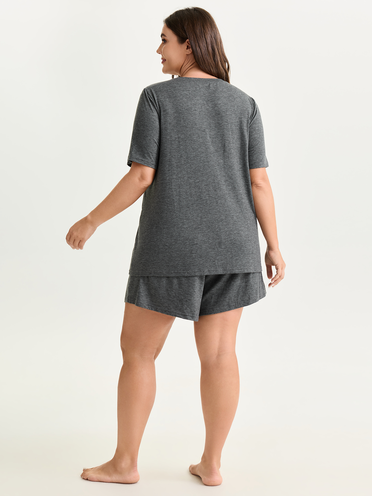 Side view of BloomChic Women's Plus Size Supersoft Floral Mama Embroidered Lounge Set DimGray Solid Short sleeve Embroidered 26/4X