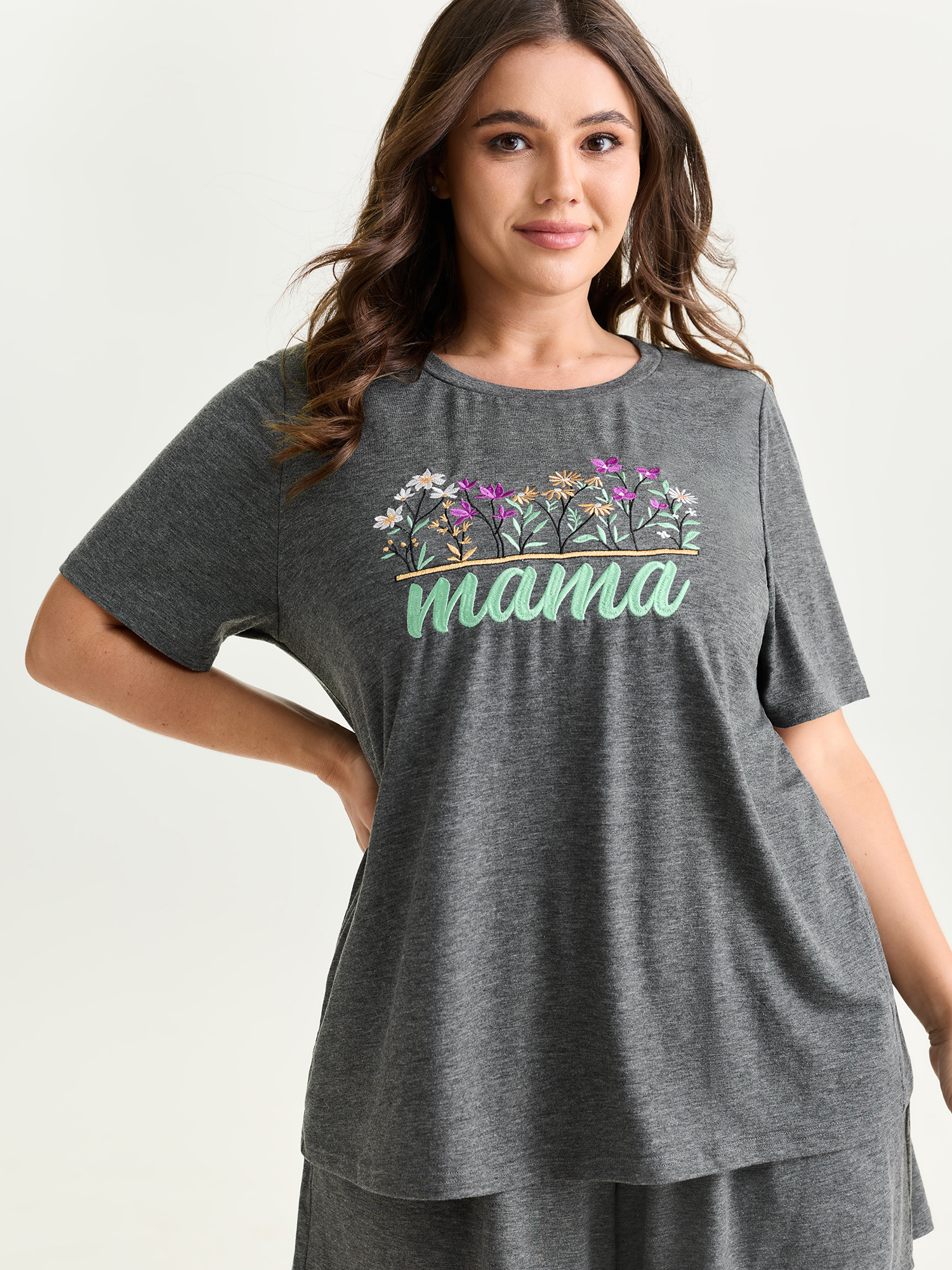 Side view of BloomChic Women's Plus Size Supersoft Floral Mama Embroidered Lounge Set DimGray Solid Short sleeve Embroidered 26/4X