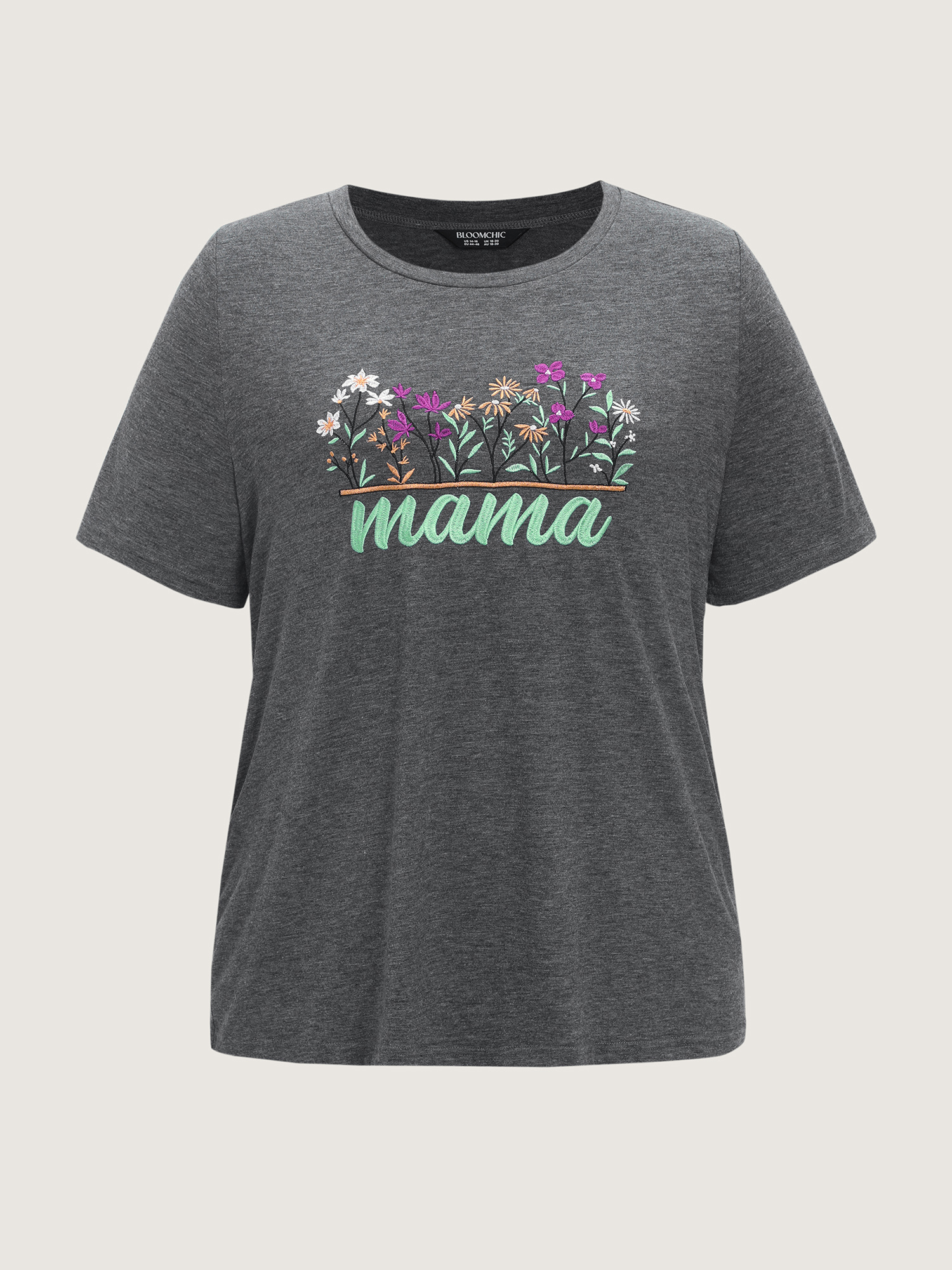 Side view of BloomChic Women's Plus Size Supersoft Floral Mama Embroidered Lounge Set DimGray Solid Short sleeve Embroidered 26/4X