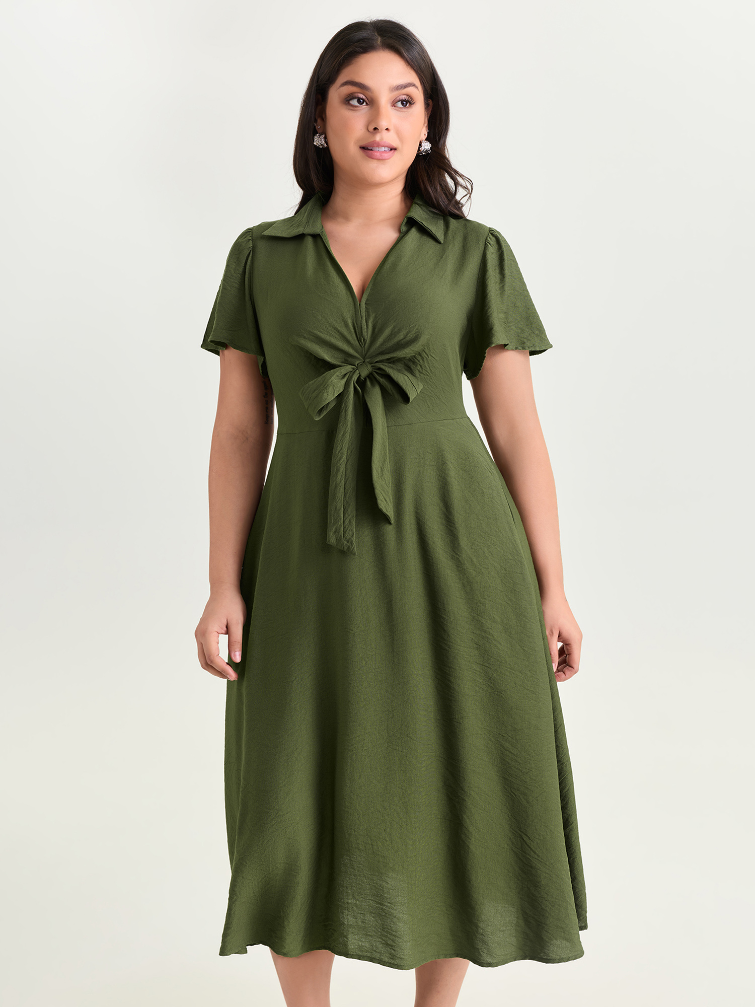 BloomChic Women's Plus Size Knotted Front Collar Plain Midi Dress ArmyGreen Solid Maxi Office Bowknot 10/M