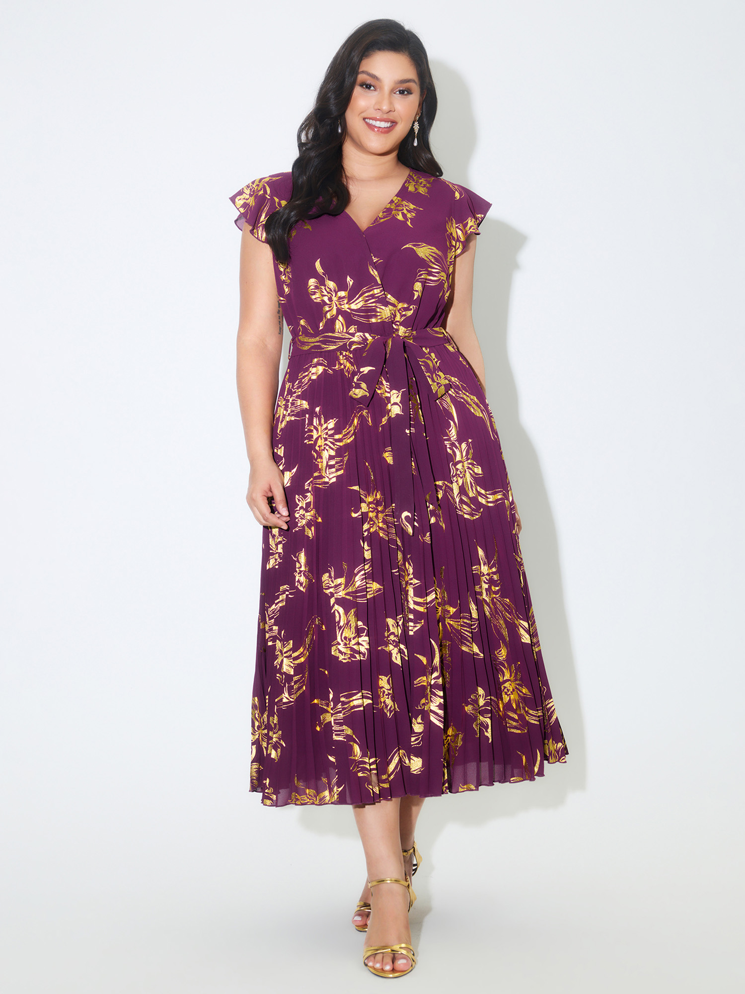 BloomChic Women's Plus Size Sequin Side-Tie Pleated Midi Dress Deeppurplered Party Maxi Ruffles V-Neck 12/L-image-48263709294762