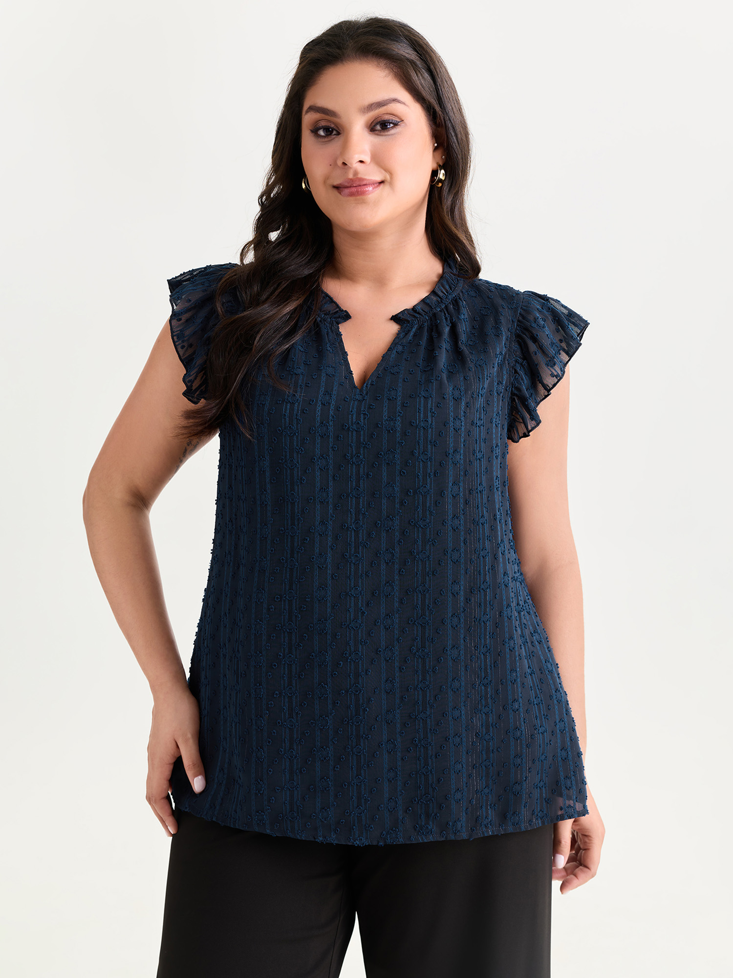 BloomChic Women's Plus Size Textured Ruffled Notched Collar Blouse DarkBlue Solid Everyday-Elegant Cap Sleeve V-Notch Neck 10/M