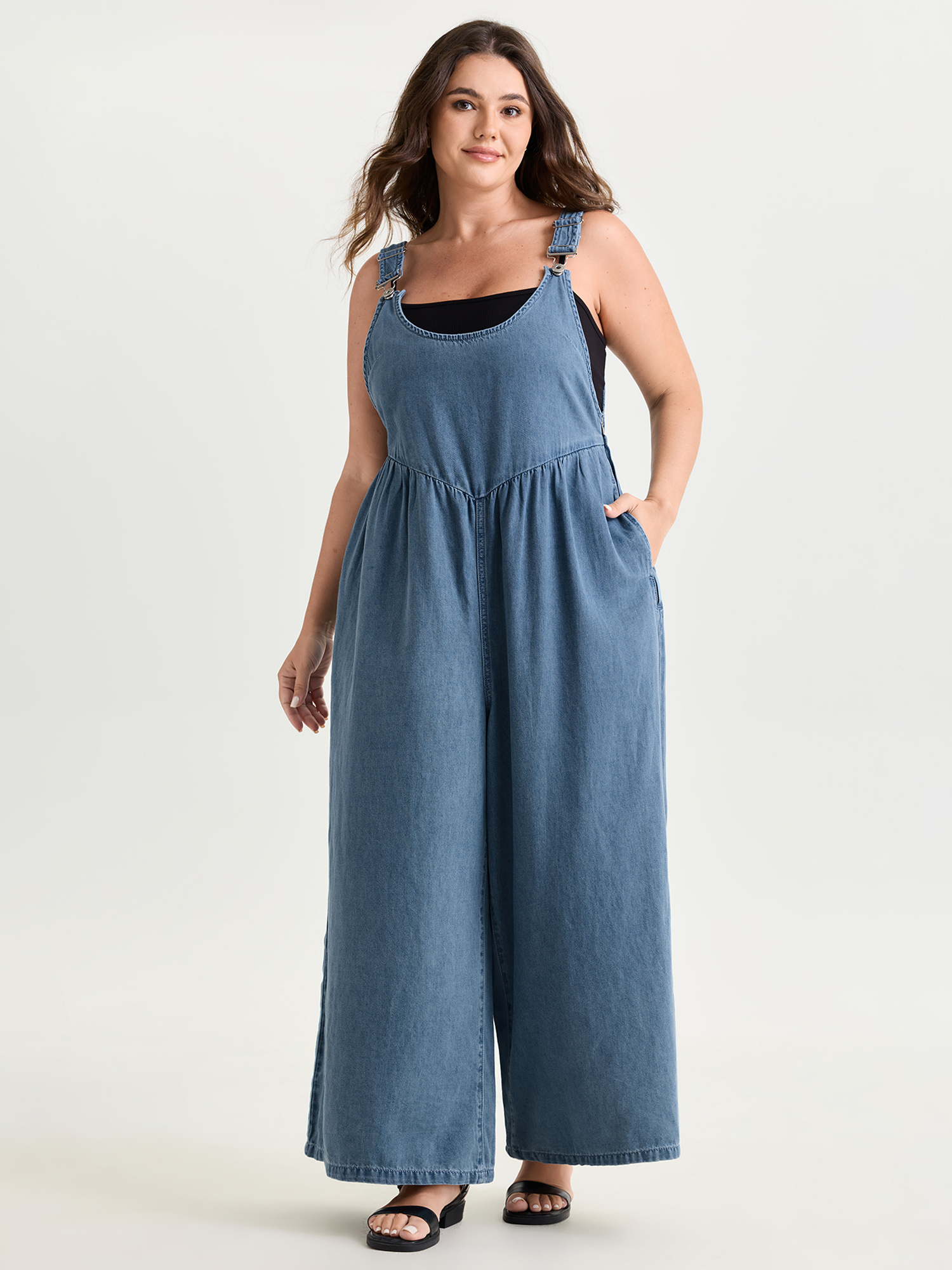 BloomChic Women's Plus Size Pleated Adjustable Overall Straps Denim Jumpsuit Denimlightblue Casual 22-24/3X-image-48263715193002