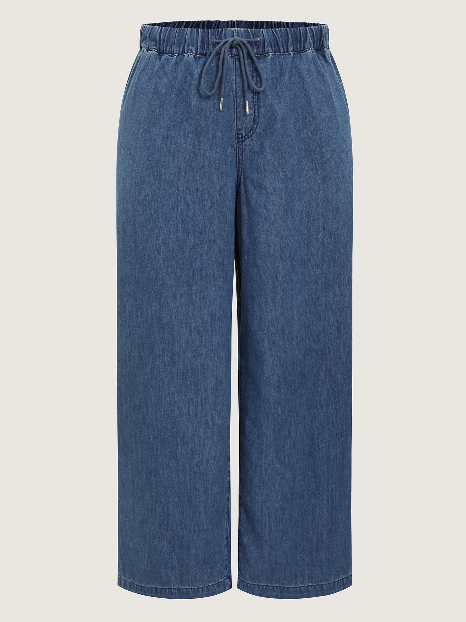 Side view of BloomChic Women's Plus Size Drawstring Waist Wide-Leg Pocket Jeans Midblue Wide leg No stretch 30/6X