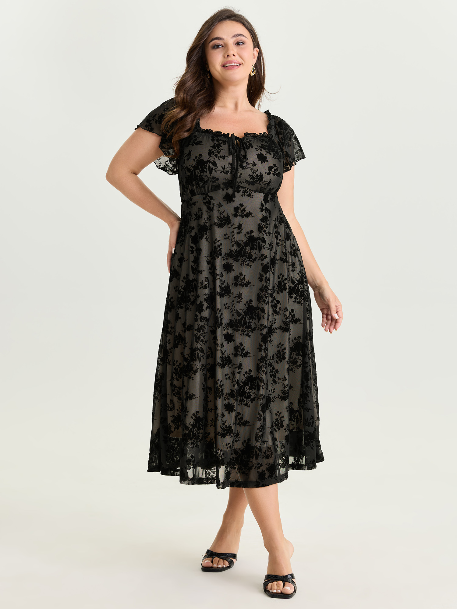 BloomChic Plus Size Floral Mesh Cut Stretchy Midi Dress - Curve Ladies Black Elegant Short sleeve Floral Side Pocket Daily Dresses 30/4X