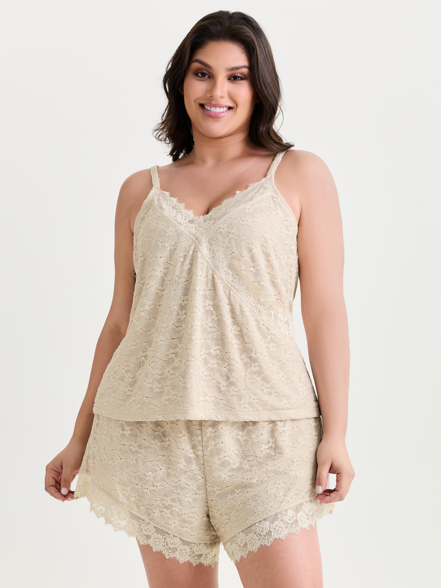 BloomChic Women's Plus Size Floral Lace Stretchy Lounge Set WhiteSmoke Else Sleeveless Cable Knit 18-20/2X-image-48263719813290