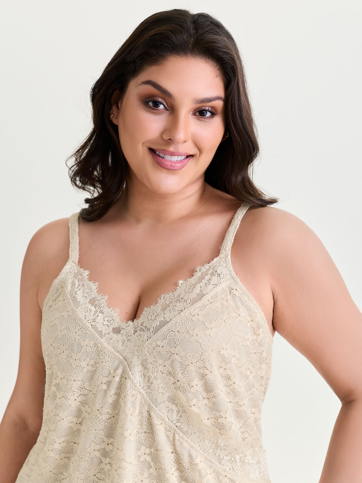 Side view of BloomChic Women's Plus Size Floral Lace Stretchy Lounge Set WhiteSmoke Else Sleeveless Cable Knit 18-20/2X