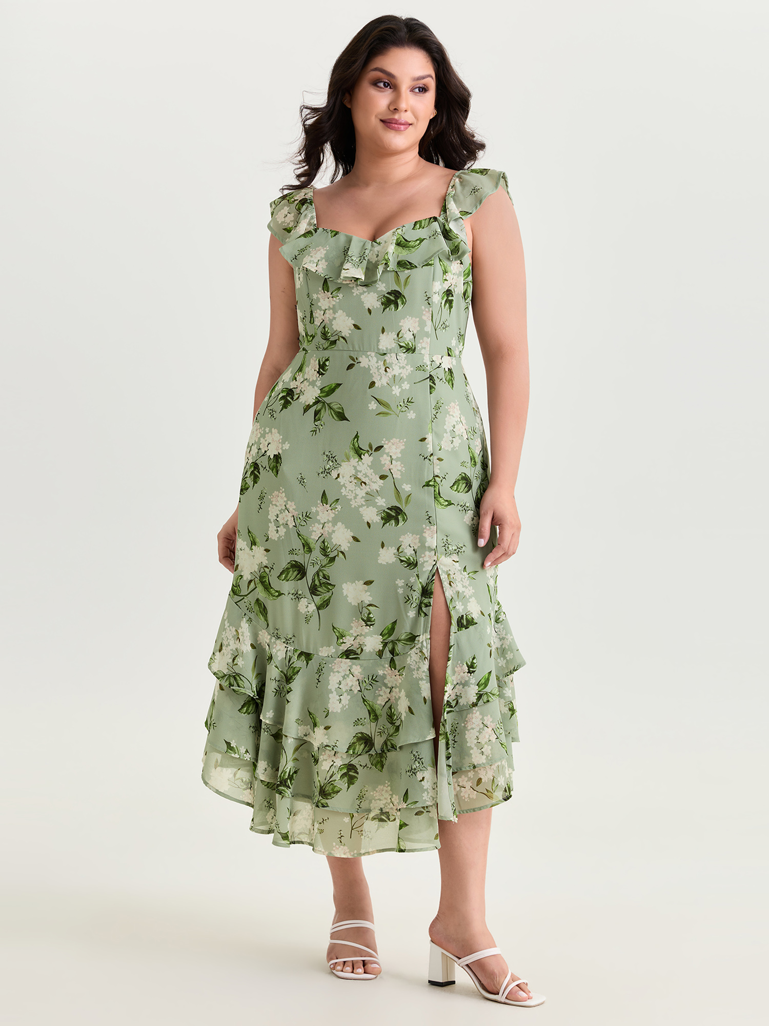 BloomChic Women's Plus Size Soft Floral Print Ruffled Hem Midi Dress Greenbean Ditsy Floral Midi Everyday-Elegant Smocked 22-24/3X
