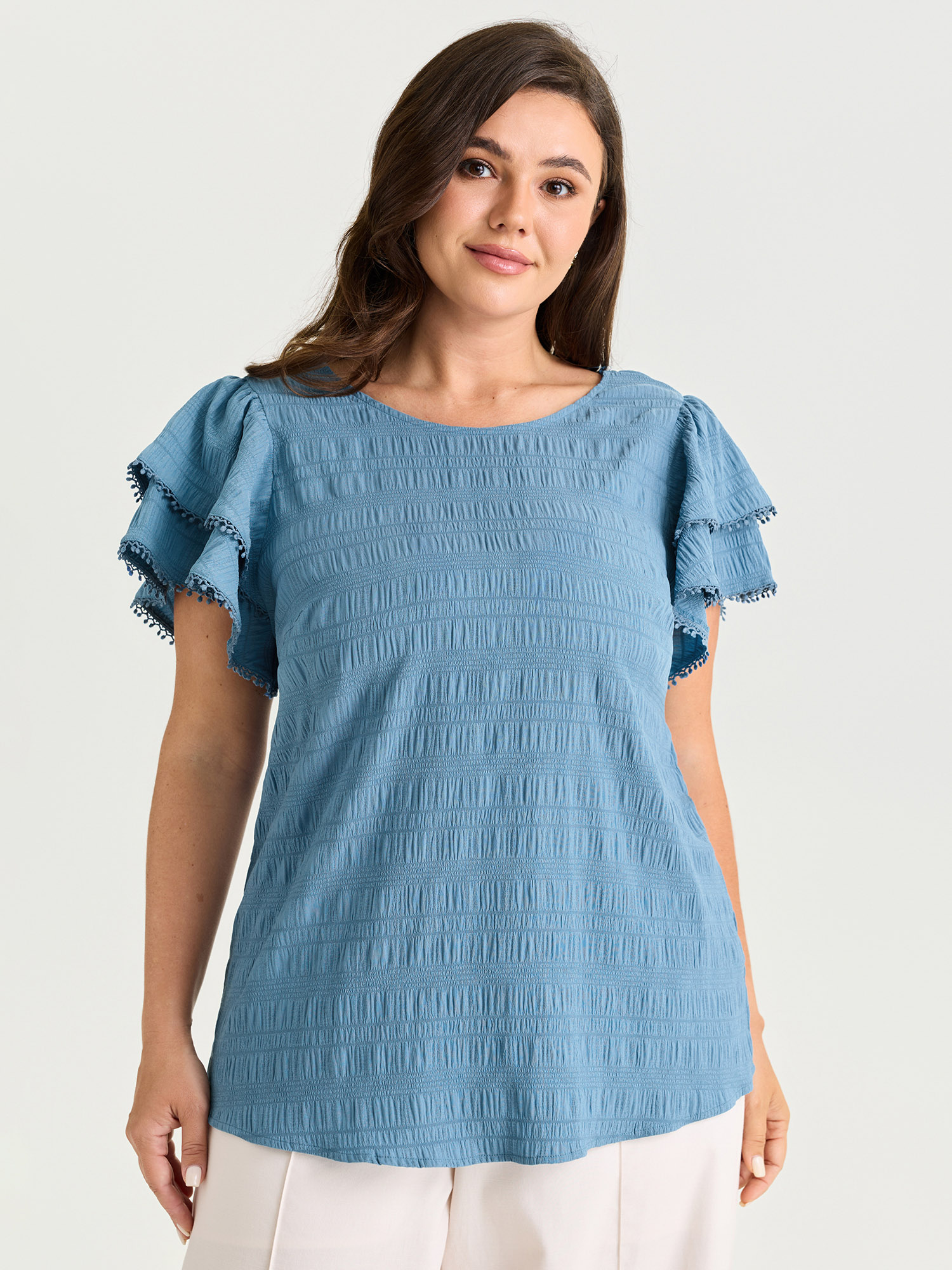 BloomChic Women's Plus Size Textured Layered Ruffled Sleeve Blouse Stone Solid Everyday-Elegant Short sleeve Round Neck 10/M