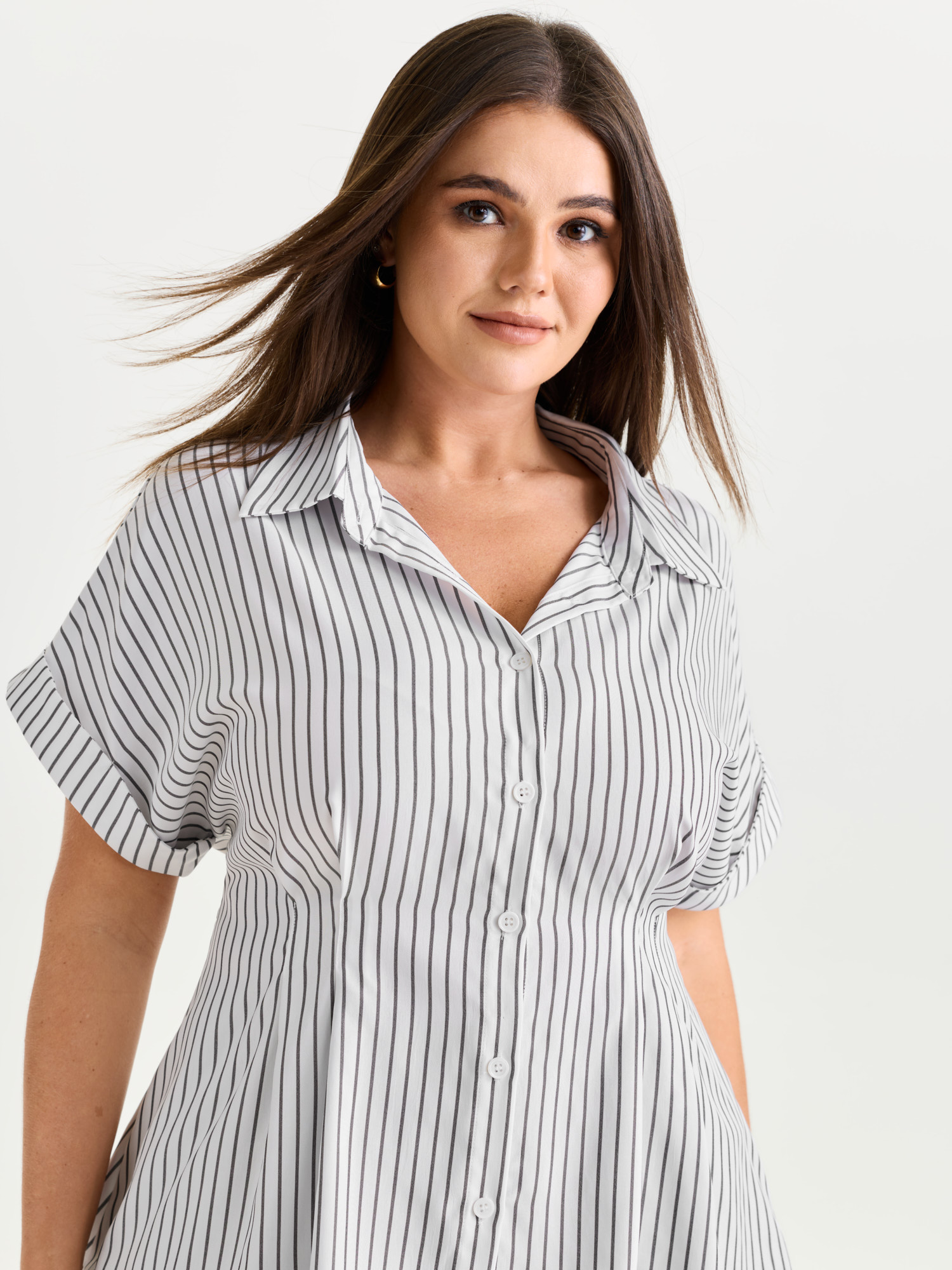 BloomChic Plus Size Striped Print Cinched-Waist Button-Down Shirt - Women's WhiteSmoke Stripes Collared Neck Short sleeve Office Shirts 18-20/1X
