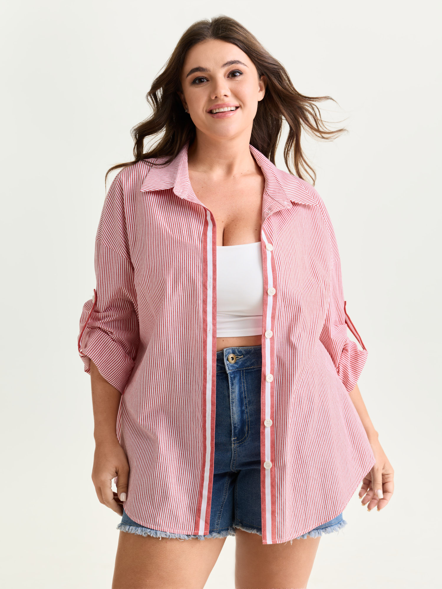 BloomChic Plus Size Cotton Striped Tab Sleeve Button-Down Shirt - Women's Raspberry Stripes Collared Neck Long Sleeve Americana Daily Shirts 22-24/2X