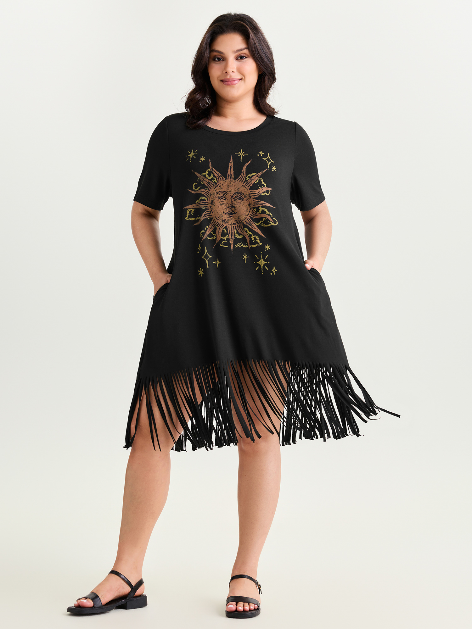 BloomChic Plus Size Sunkissed Print Fringe Hem T-Shirt Midi Dress - Curve Ladies Black Americana Daily Short sleeve Star & Moon Daily Dresses 14/M