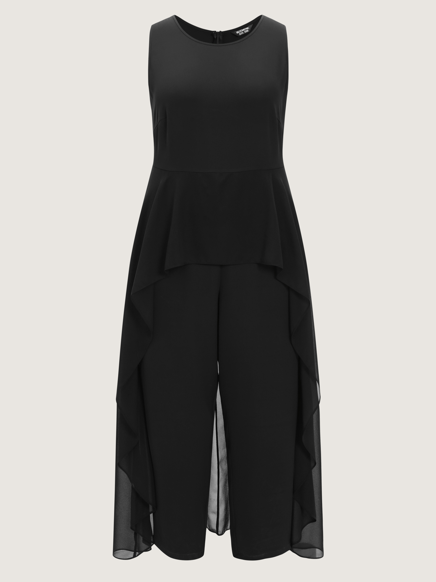 Side view of BloomChic Women's Plus Size Stretchy Sheer Layered Sleeveless Jumpsuit Black Elegant 30/6X