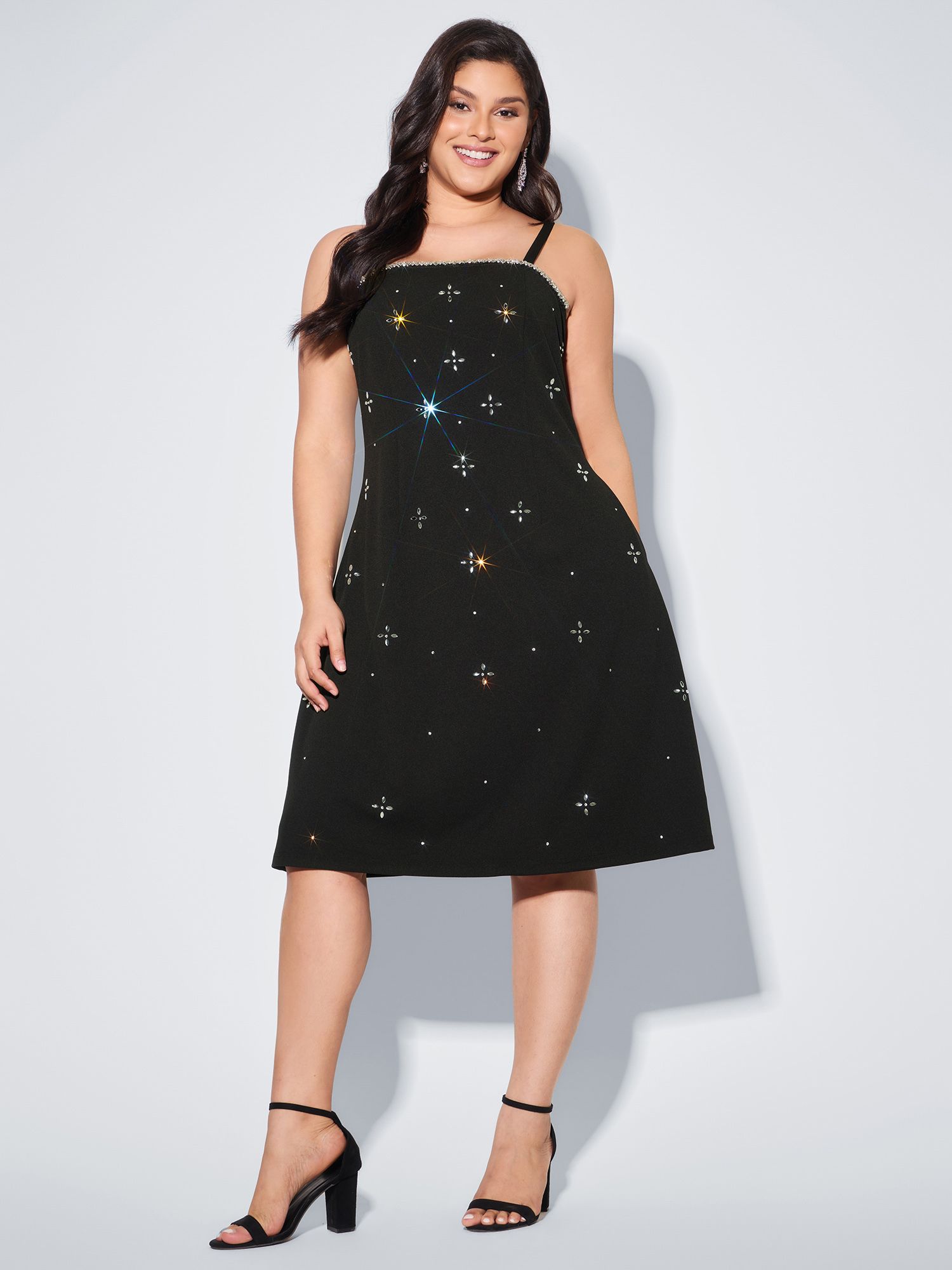 Side view of BloomChic Women's Plus Size Beaded Sleeveless Pocket Mini Dress Pureblack Party Midi Rhinestone detailing Square Neck 18-20/2X