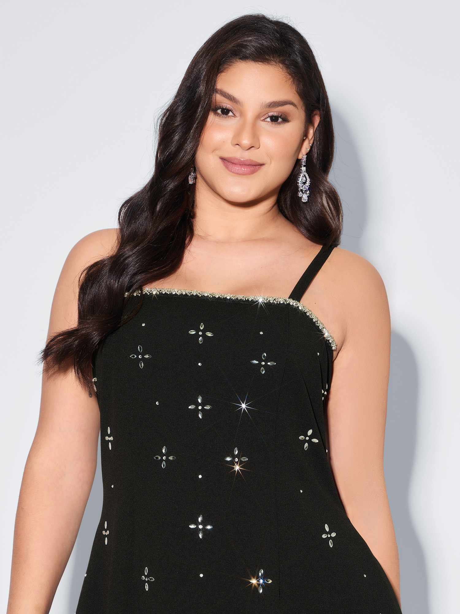 Side view of BloomChic Women's Plus Size Beaded Sleeveless Pocket Mini Dress Pureblack Party Midi Rhinestone detailing Square Neck 18-20/2X