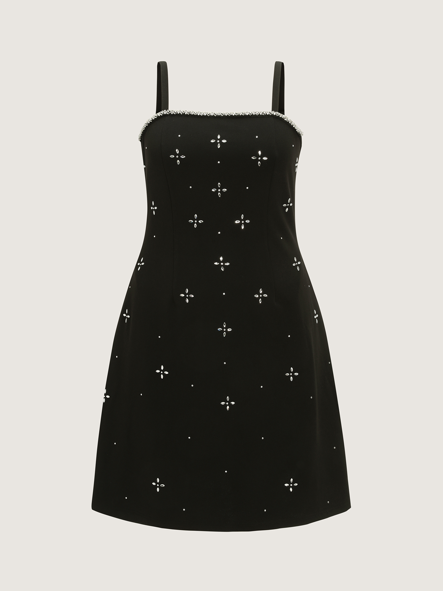 Side view of BloomChic Women's Plus Size Beaded Sleeveless Pocket Mini Dress Pureblack Party Midi Rhinestone detailing Square Neck 18-20/2X