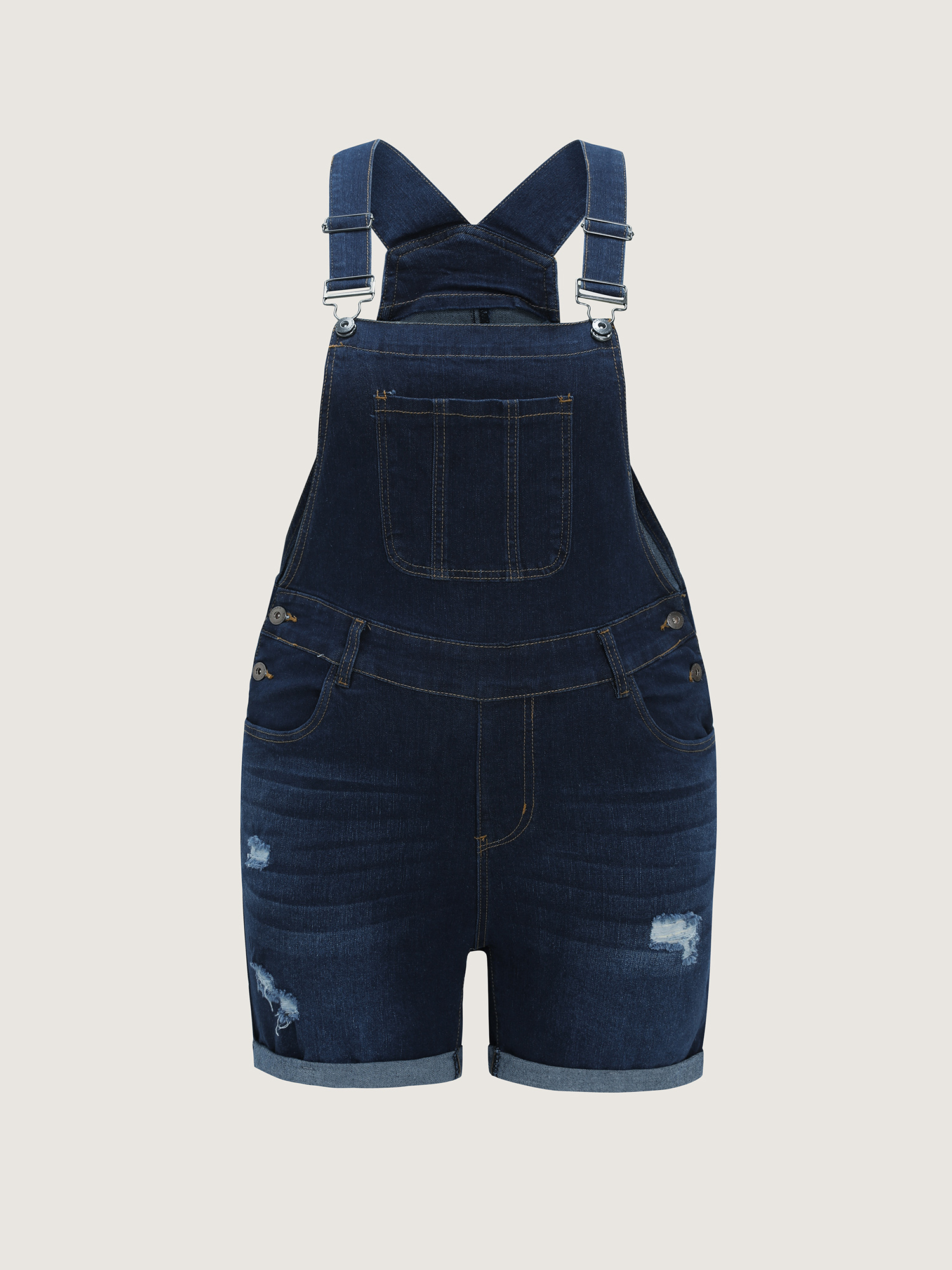 Side view of BloomChic Women's Plus Size Stretchy Pockets Skinny-Fit Denim Overall Romper Darkindigo Casual 28/5X