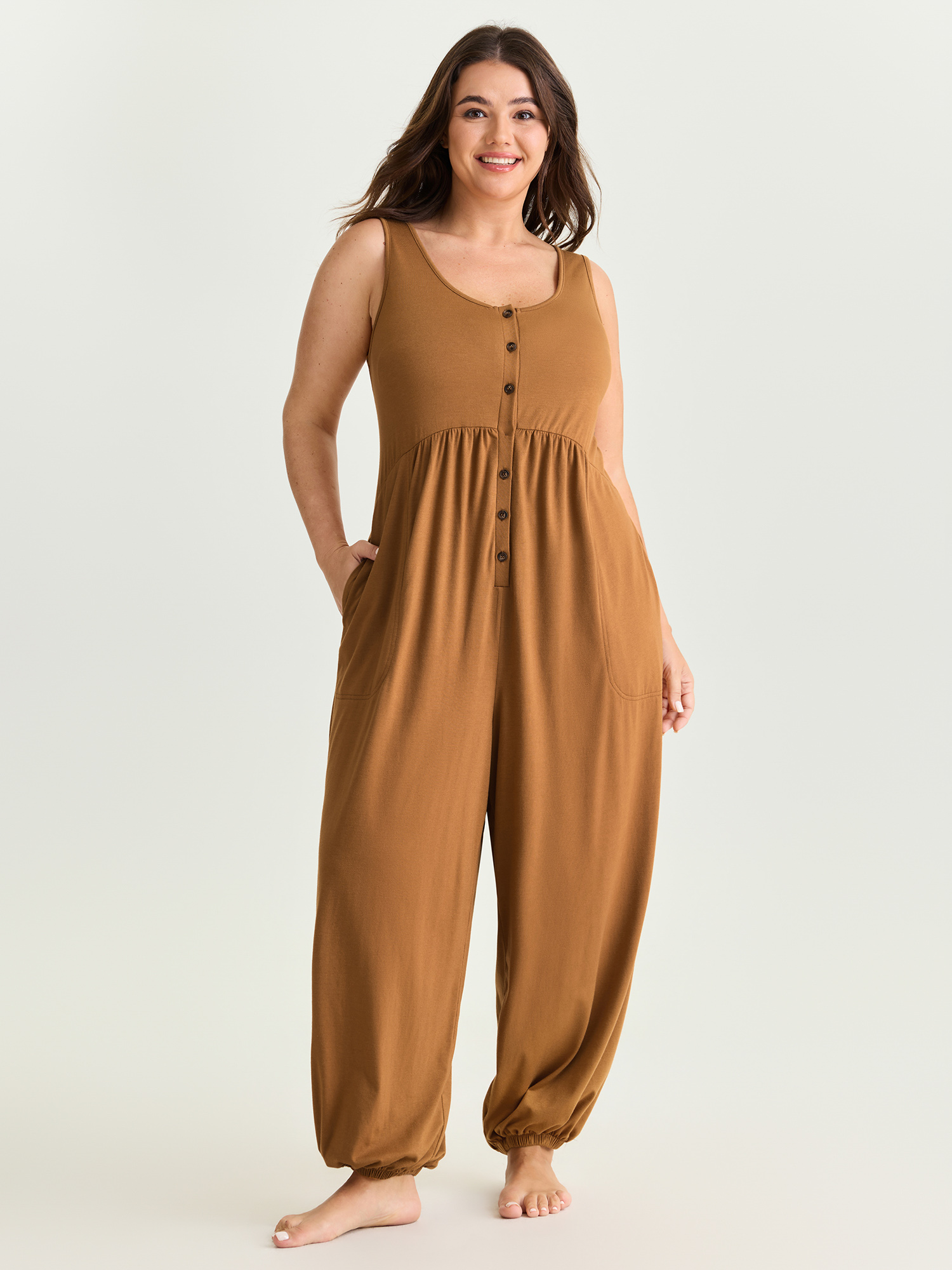 BloomChic Women's Plus Size Supersoft Buttons Pleated Cuffed Hem Lounge Jumpsuit Yellowishbrown not graphics 26/4X-image-48363517214890
