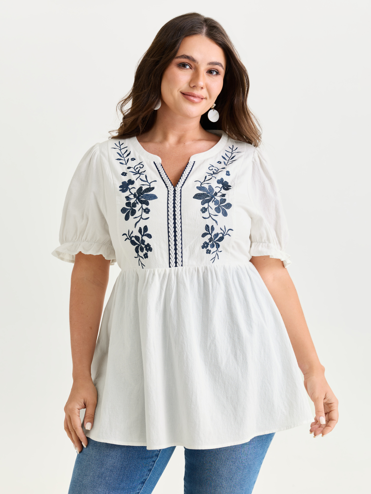 BloomChic Women's Plus Size Cotton Floral Embroidered Notched Collar Blouse Originalwhite Vacation Half Sleeve 14-16/1X