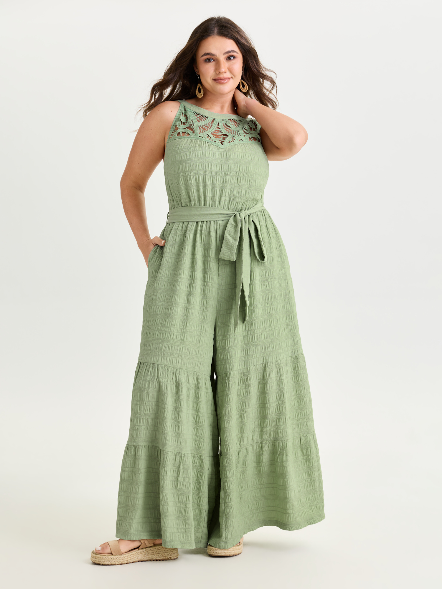 BloomChic Women's Plus Size Sheer Lace Neckline Ruffled Hem Jumpsuit Greenbean Vacation 14-16/1X-image-48416740933802