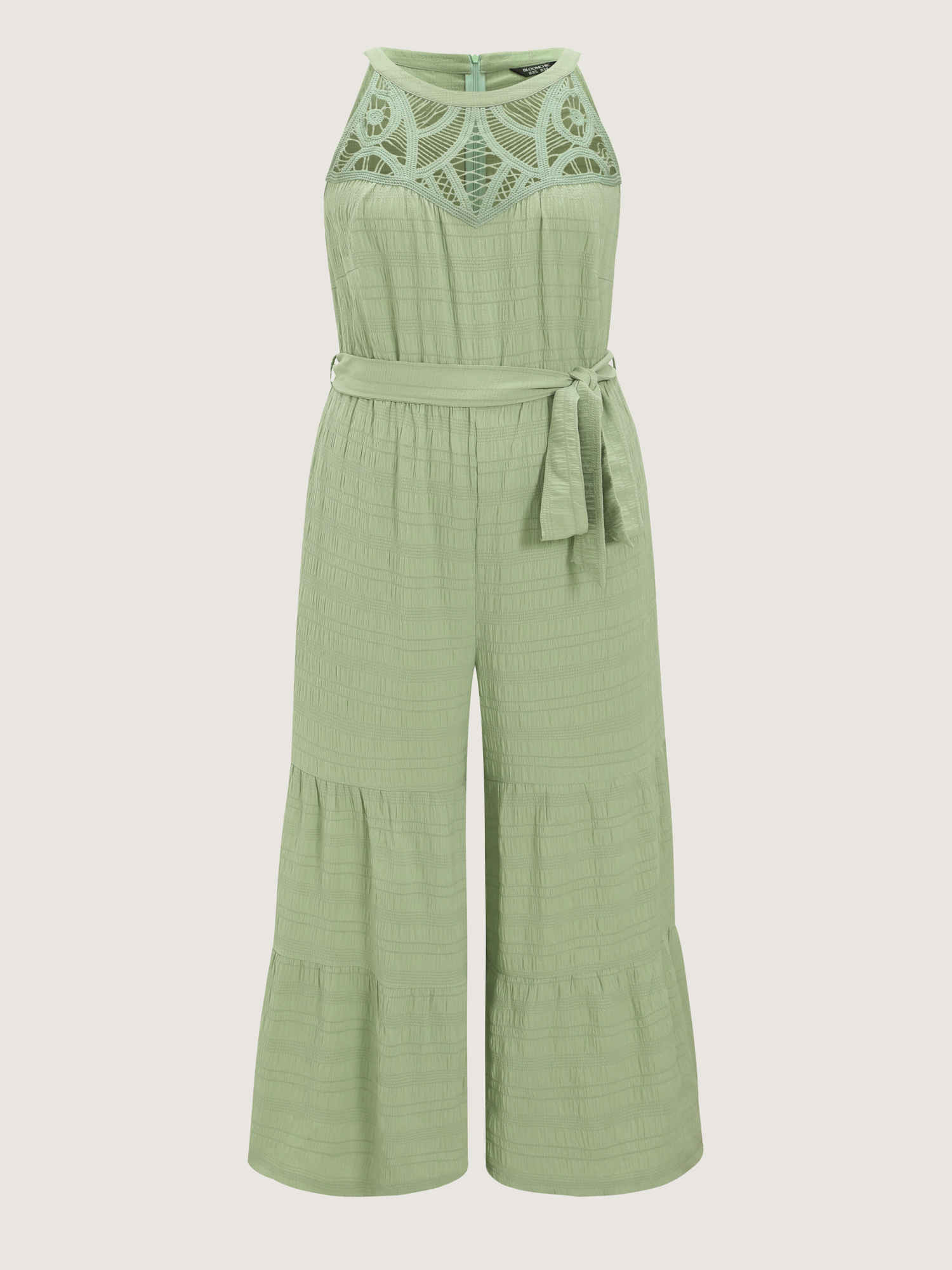 Side view of BloomChic Women's Plus Size Sheer Lace Neckline Ruffled Hem Jumpsuit Greenbean Vacation 14-16/1X