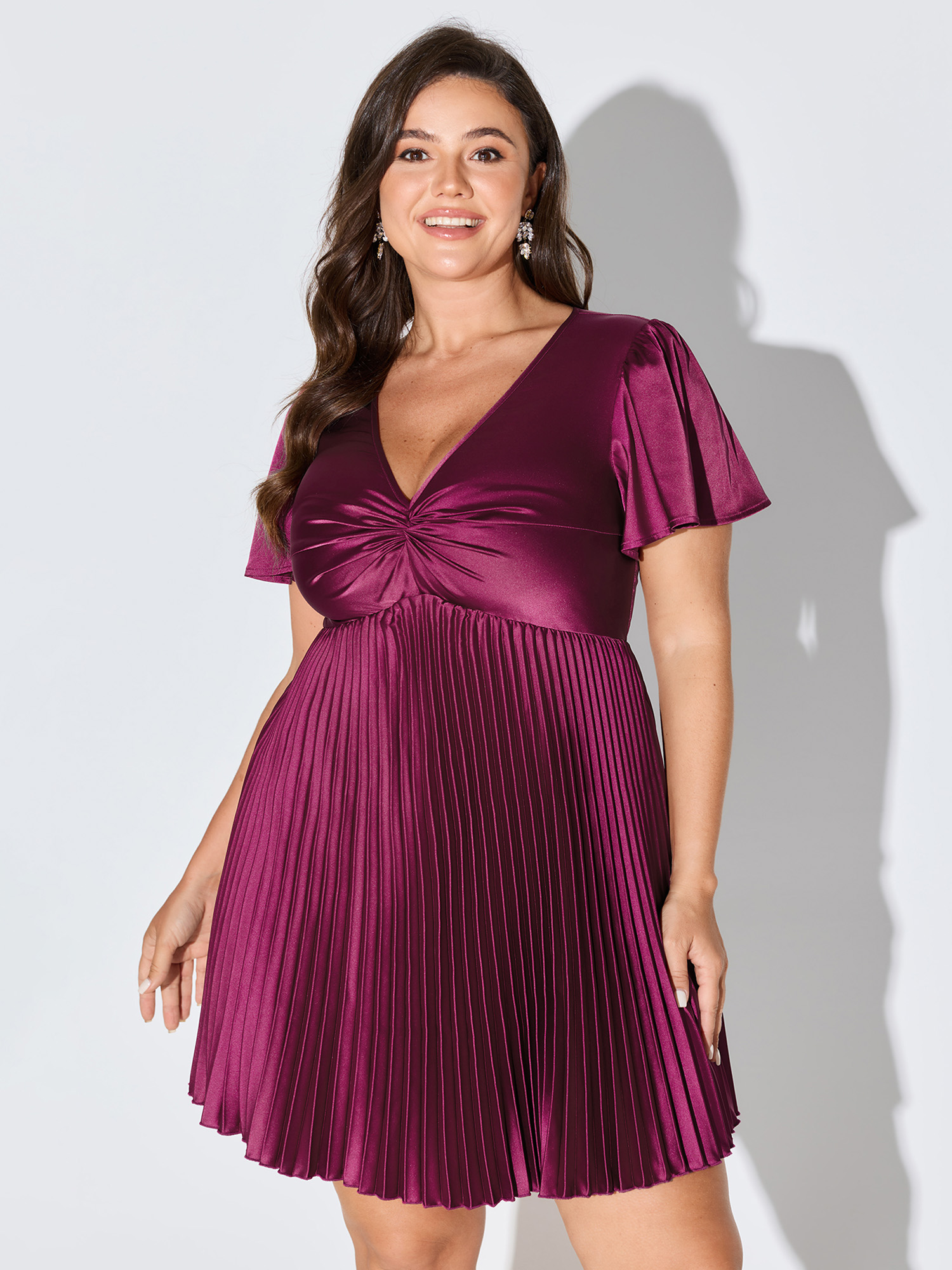 BloomChic Women's Plus Size Ruched Pleated Skirt Built-In Shorts Mini Dress Deeppurplered Party Knee Length Twist V-Neck 22-24/3X-image-48312812208298