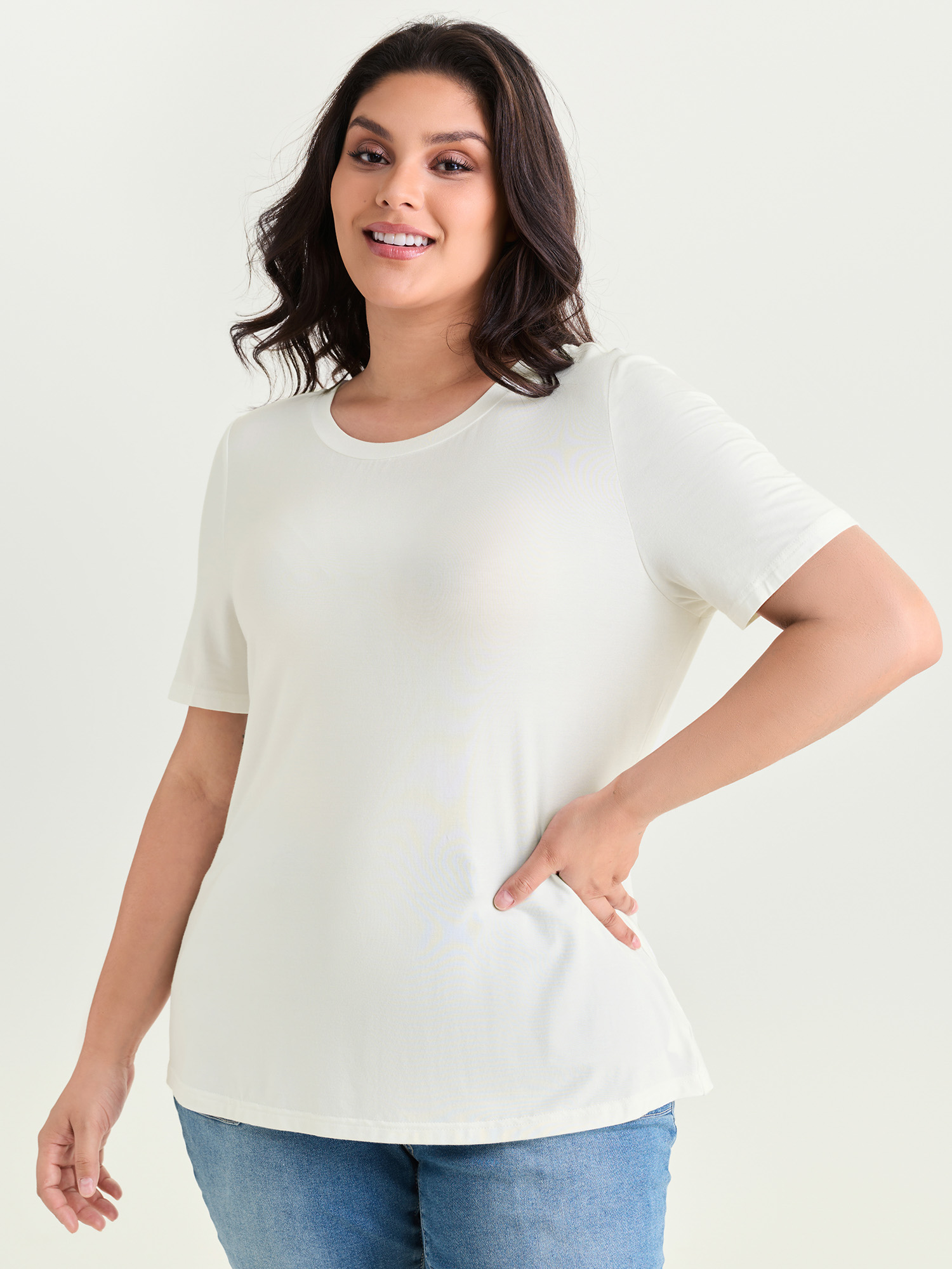 BloomChic Plus Size Supersoft Essentials Solid Basic Knit T-shirt - Women's Stalactite Solid Round Neck Comfort Midsection Fit Long Sleeve Playful T-shirts 18-20/1X