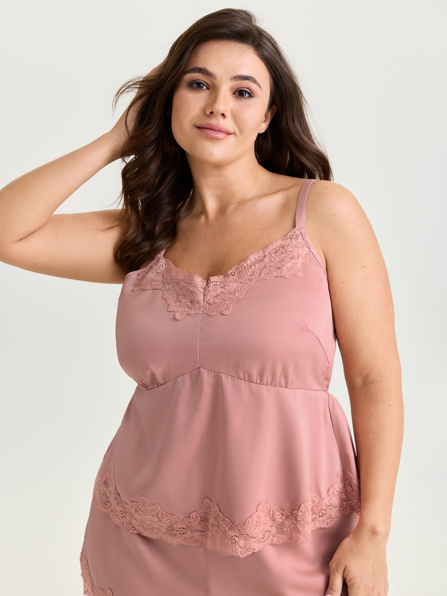 Side view of BloomChic Women's Plus Size Satin Floral Lace Neckline Lounge Set Watermelon Else Sleeveless Lace Trim 14-16/1X