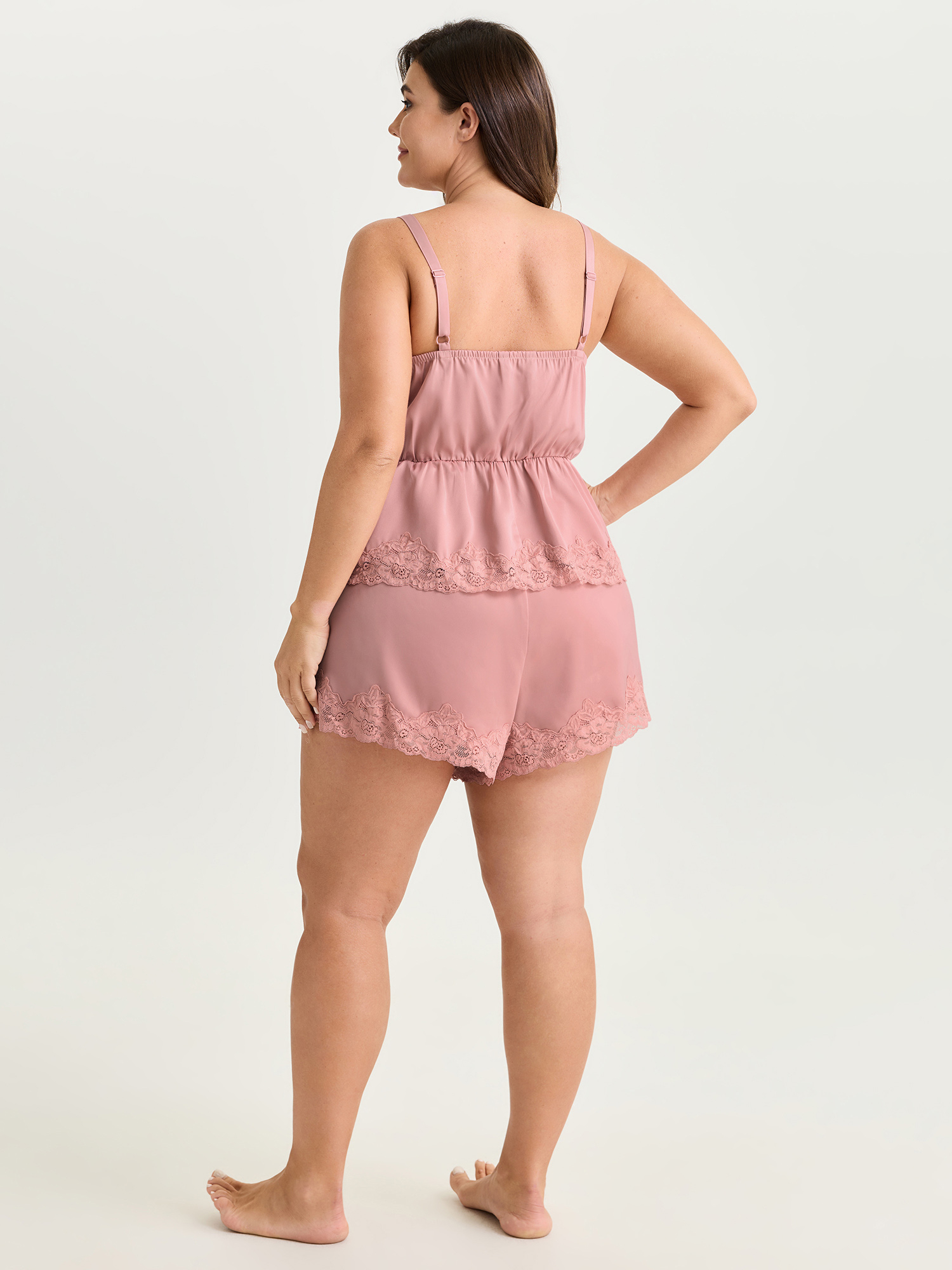Side view of BloomChic Women's Plus Size Satin Floral Lace Neckline Lounge Set Watermelon Else Sleeveless Lace Trim 14-16/1X