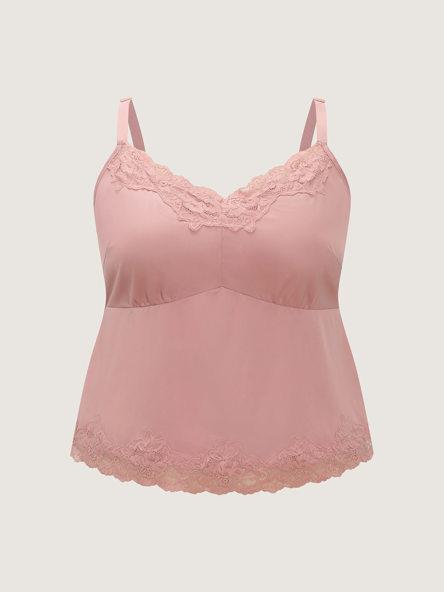 Side view of BloomChic Women's Plus Size Satin Floral Lace Neckline Lounge Set Watermelon Else Sleeveless Lace Trim 14-16/1X